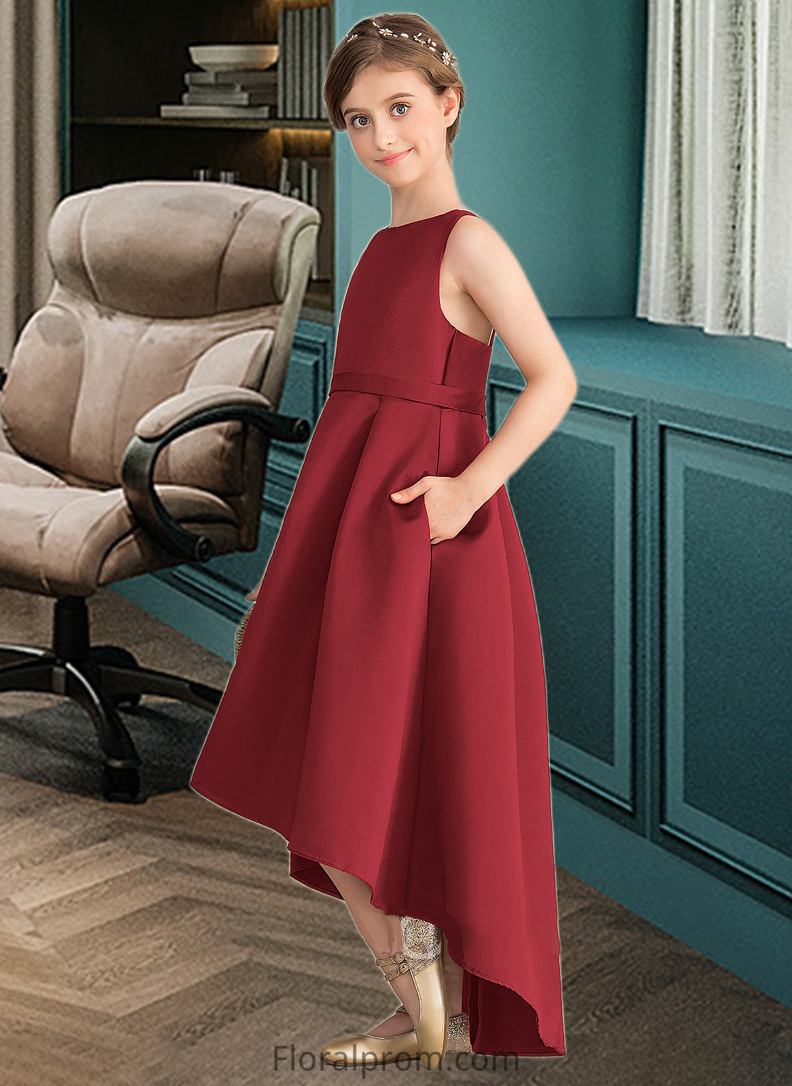 Yasmin A-Line Scoop Neck Asymmetrical Satin Junior Bridesmaid Dress With Ruffle Pockets HJP0013385