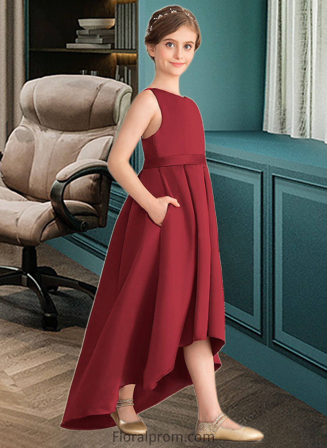 Yasmin A-Line Scoop Neck Asymmetrical Satin Junior Bridesmaid Dress With Ruffle Pockets HJP0013385