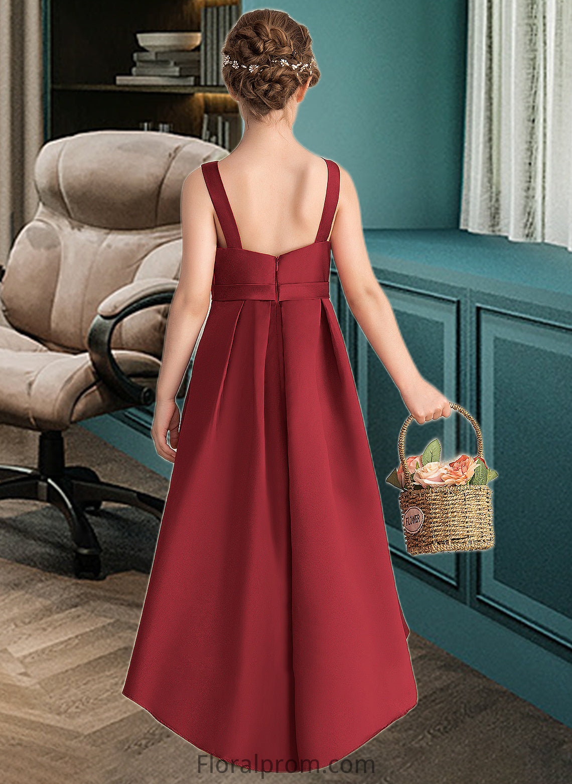 Yasmin A-Line Scoop Neck Asymmetrical Satin Junior Bridesmaid Dress With Ruffle Pockets HJP0013385