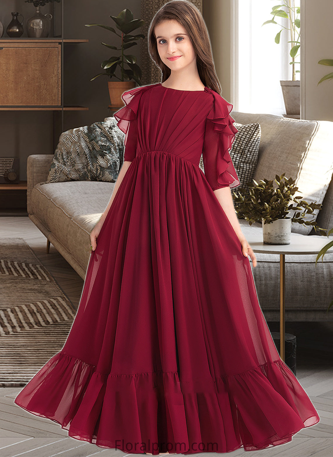 Valentina A-Line Scoop Neck Floor-Length Chiffon Junior Bridesmaid Dress With Cascading Ruffles HJP0013398