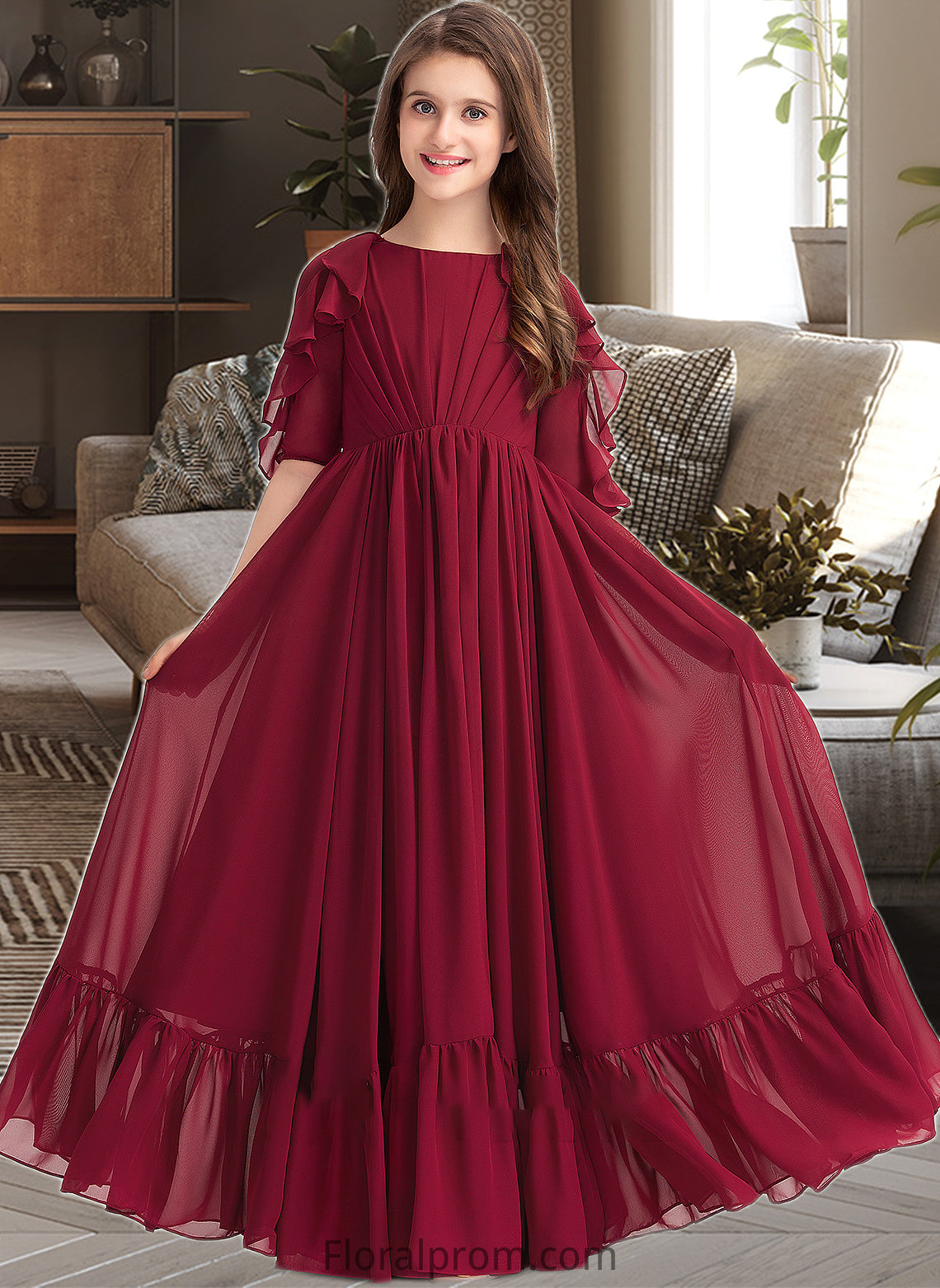 Valentina A-Line Scoop Neck Floor-Length Chiffon Junior Bridesmaid Dress With Cascading Ruffles HJP0013398