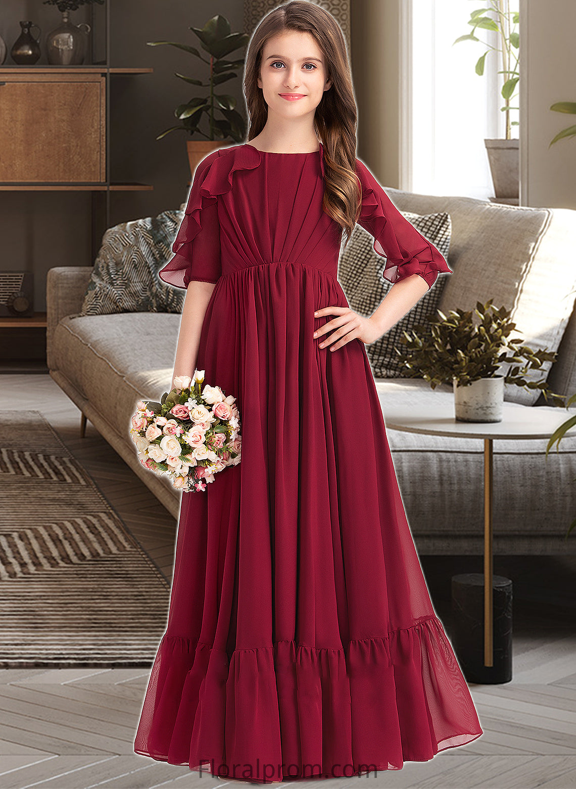 Valentina A-Line Scoop Neck Floor-Length Chiffon Junior Bridesmaid Dress With Cascading Ruffles HJP0013398