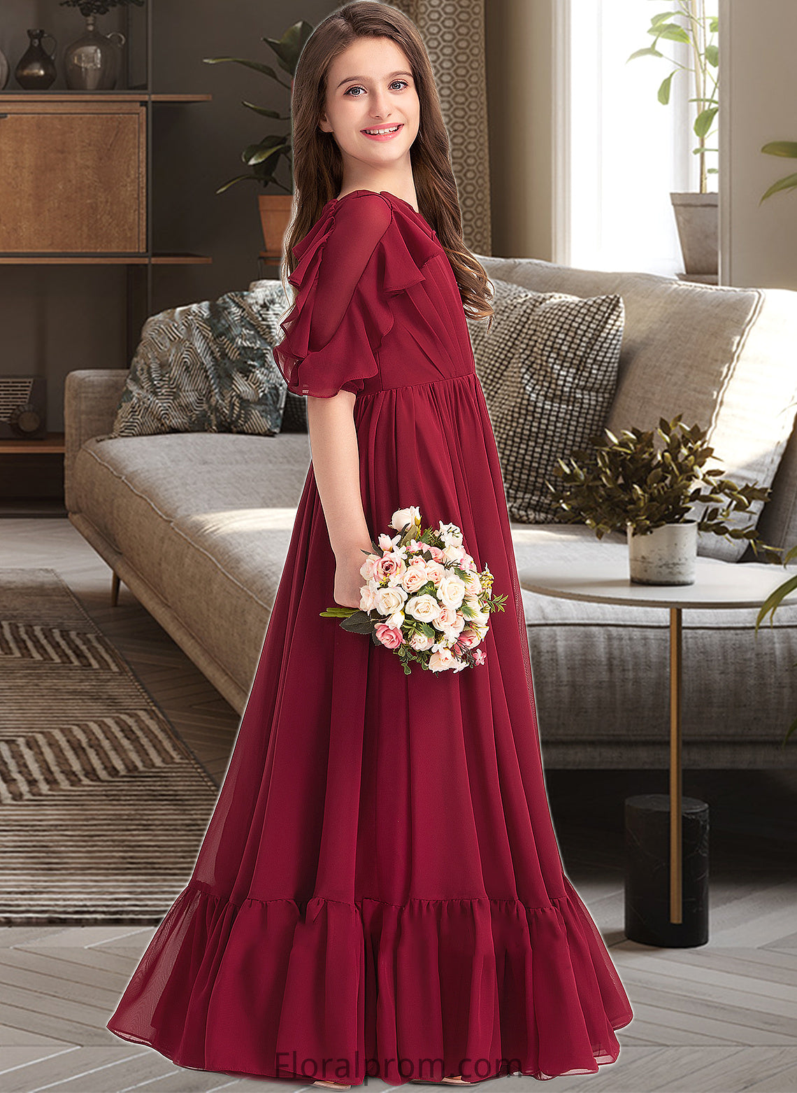 Valentina A-Line Scoop Neck Floor-Length Chiffon Junior Bridesmaid Dress With Cascading Ruffles HJP0013398