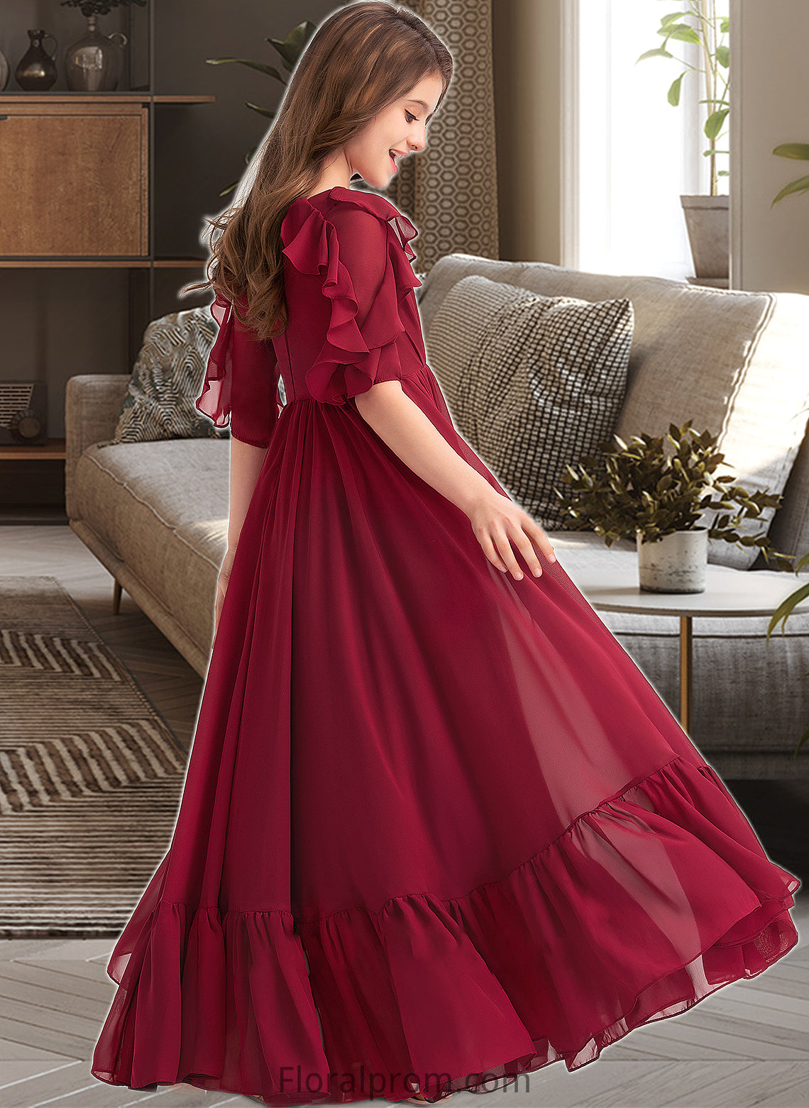 Valentina A-Line Scoop Neck Floor-Length Chiffon Junior Bridesmaid Dress With Cascading Ruffles HJP0013398