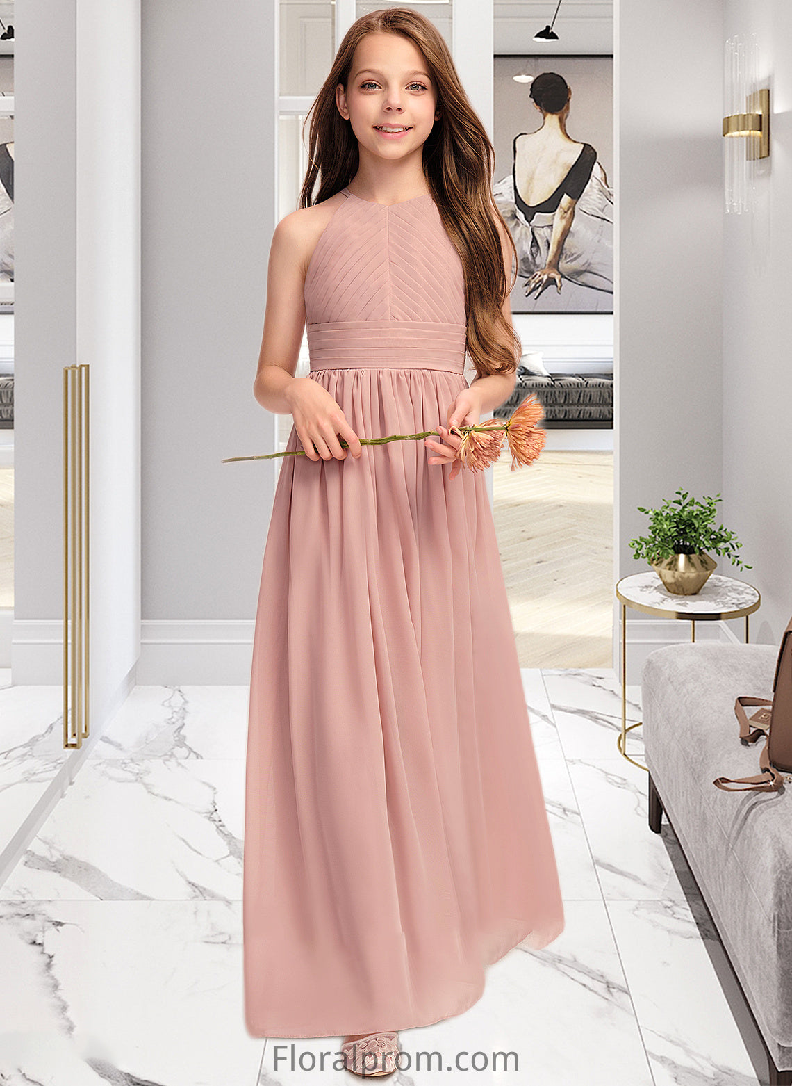 Valerie A-Line Scoop Neck Floor-Length Chiffon Junior Bridesmaid Dress With Ruffle HJP0013451