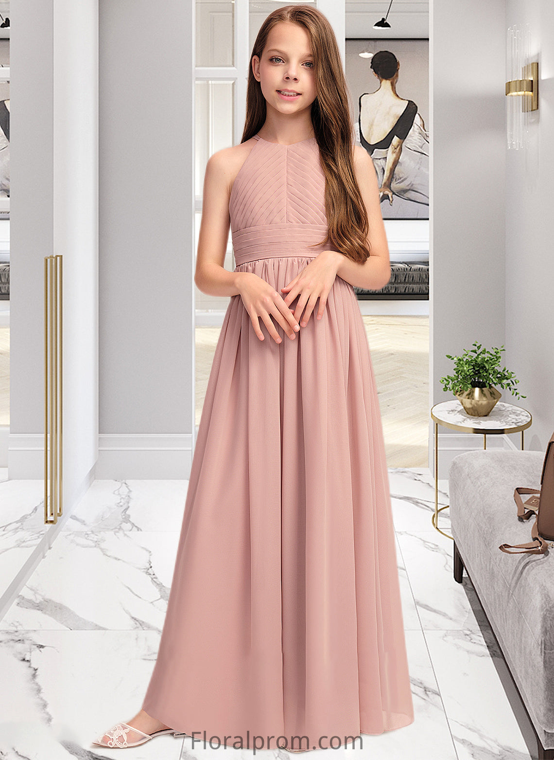 Valerie A-Line Scoop Neck Floor-Length Chiffon Junior Bridesmaid Dress With Ruffle HJP0013451