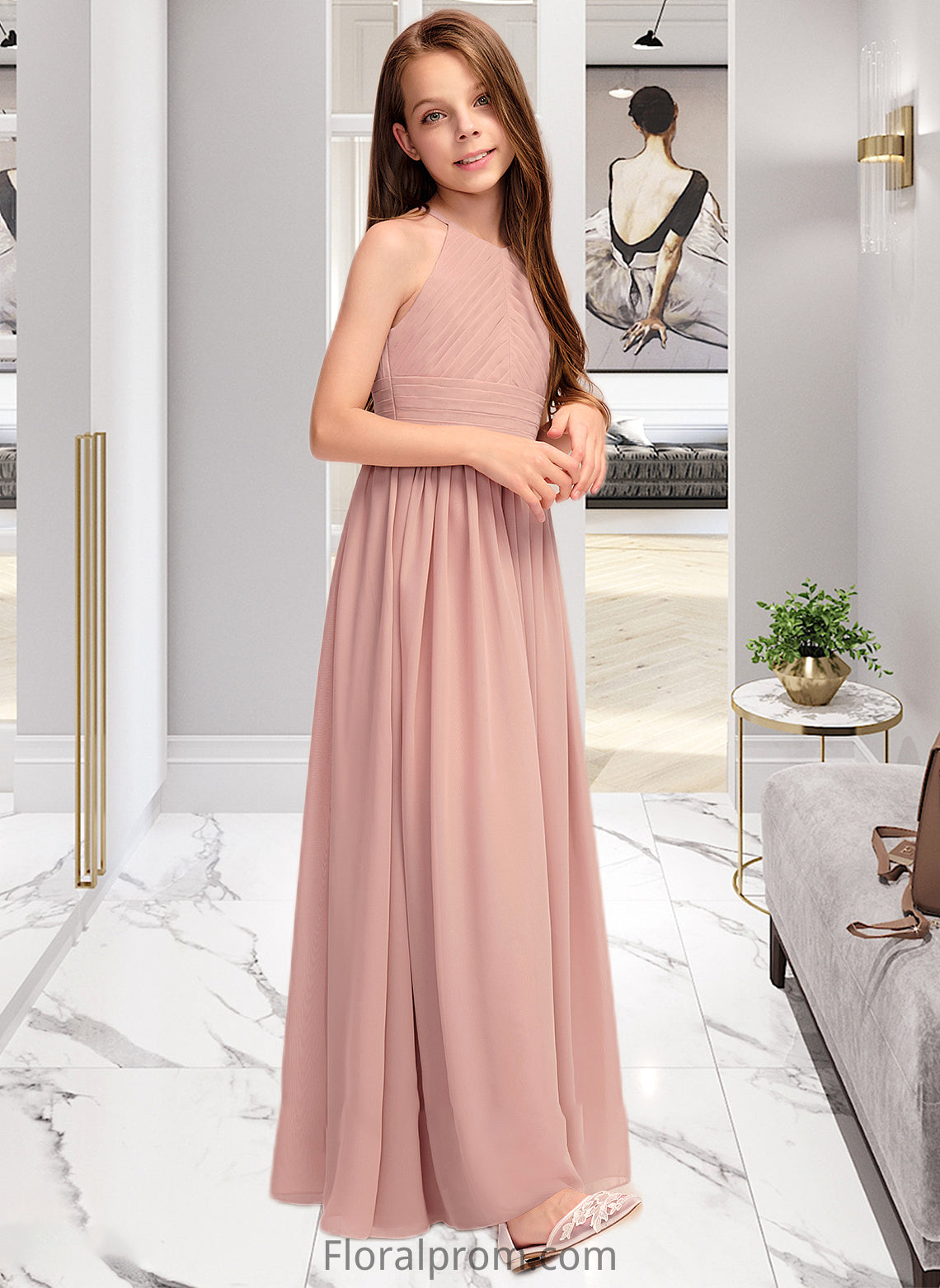 Valerie A-Line Scoop Neck Floor-Length Chiffon Junior Bridesmaid Dress With Ruffle HJP0013451