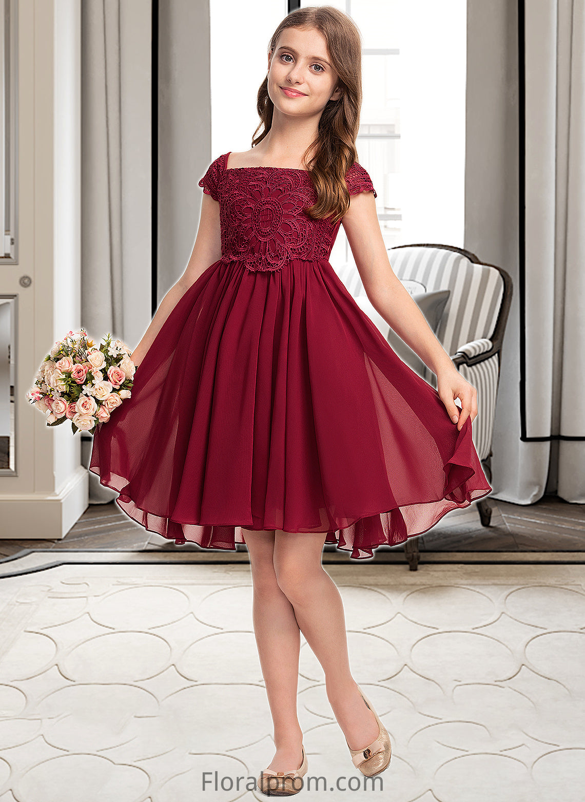 Victoria A-Line Off-the-Shoulder Knee-Length Chiffon Lace Junior Bridesmaid Dress With Bow(s) HJP0013456