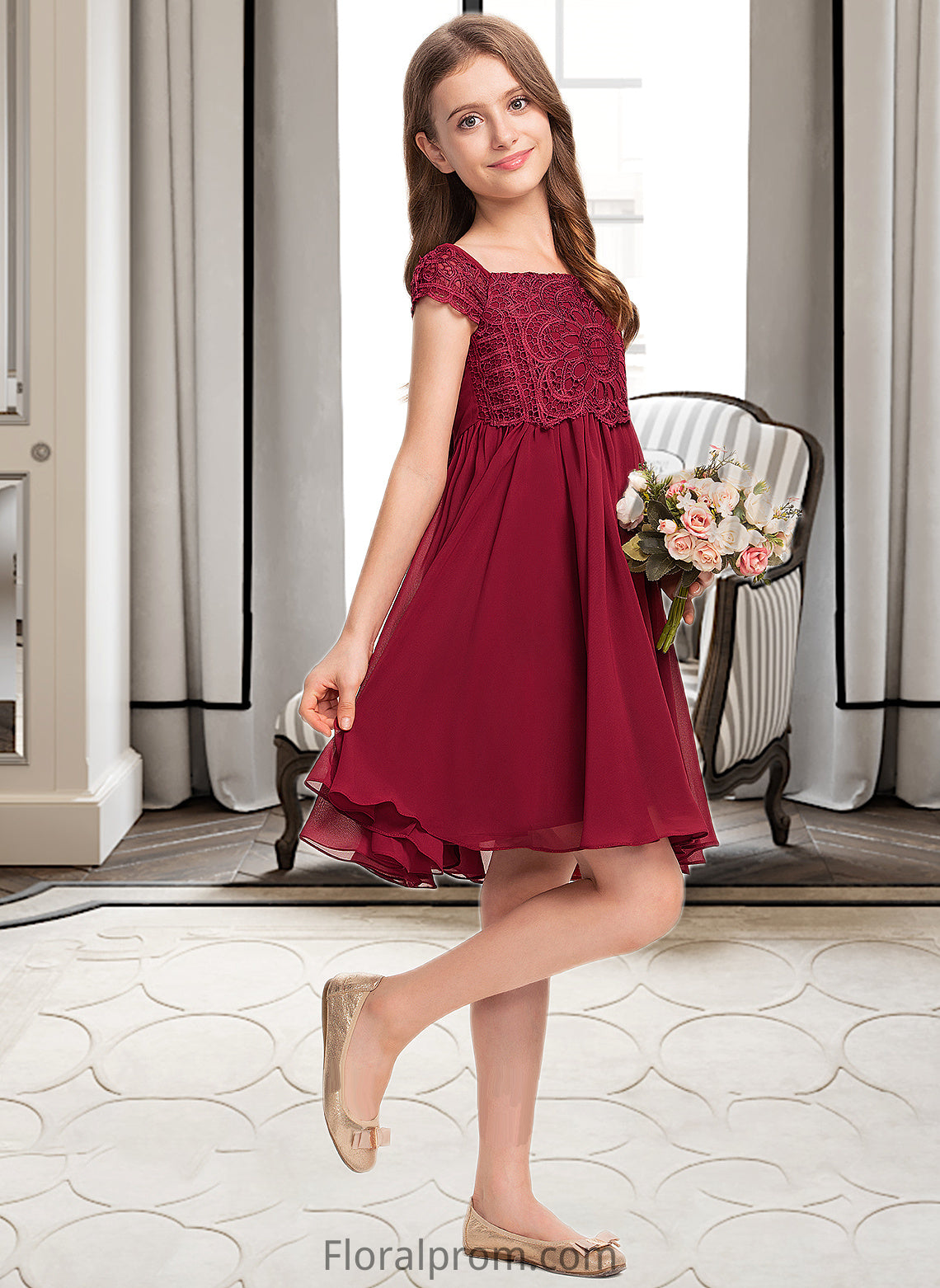 Victoria A-Line Off-the-Shoulder Knee-Length Chiffon Lace Junior Bridesmaid Dress With Bow(s) HJP0013456