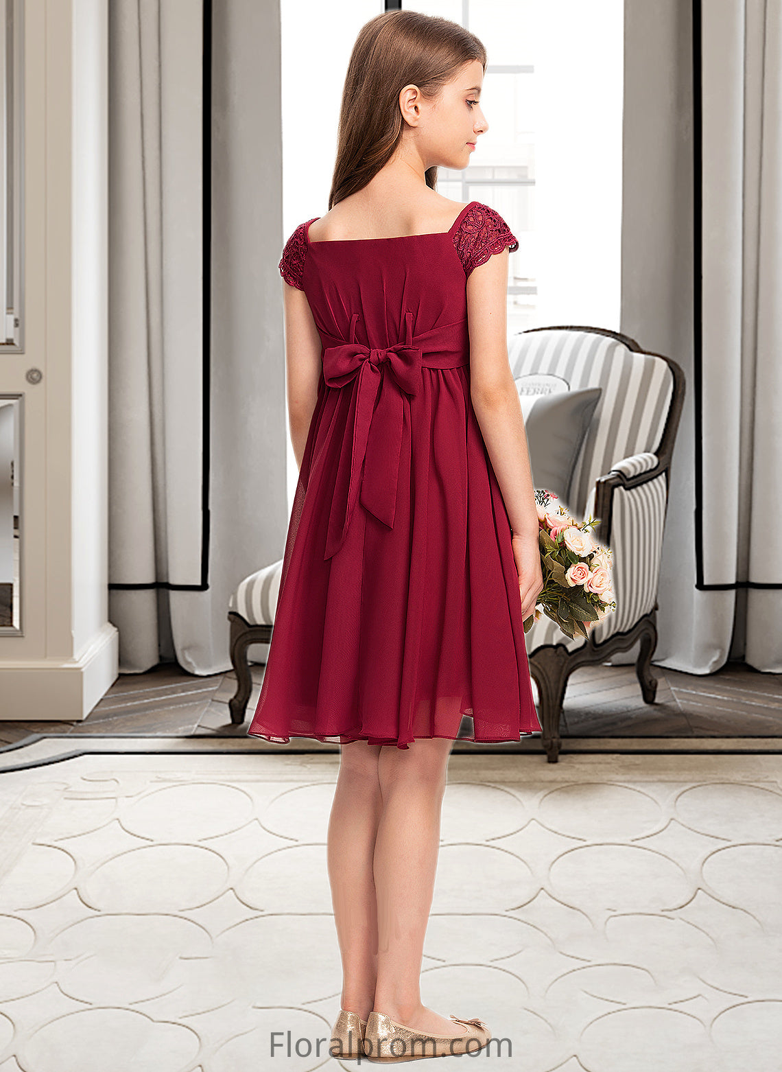 Victoria A-Line Off-the-Shoulder Knee-Length Chiffon Lace Junior Bridesmaid Dress With Bow(s) HJP0013456