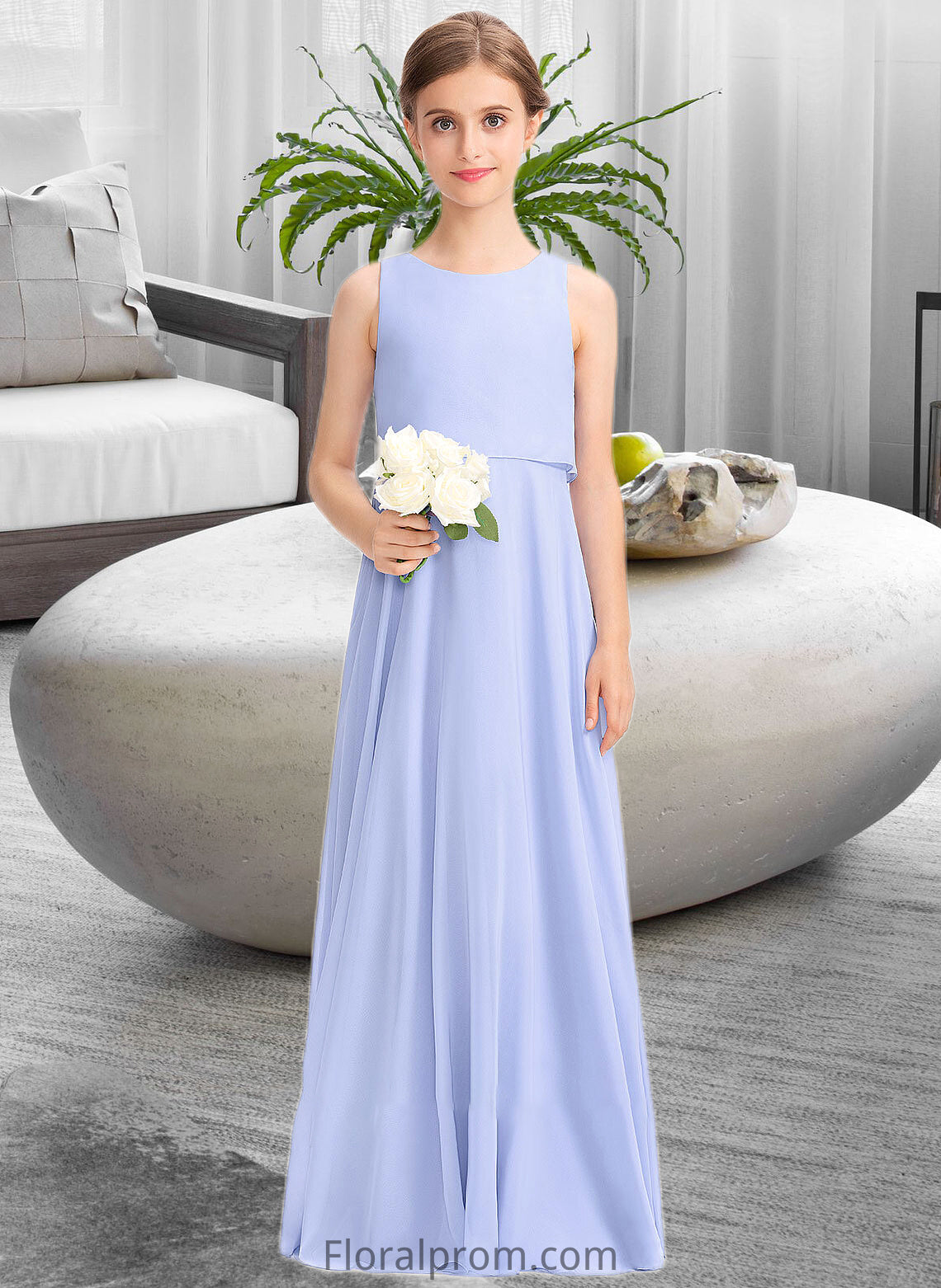 Zoe A-Line Scoop Neck Floor-Length Chiffon Junior Bridesmaid Dress HJP0013558