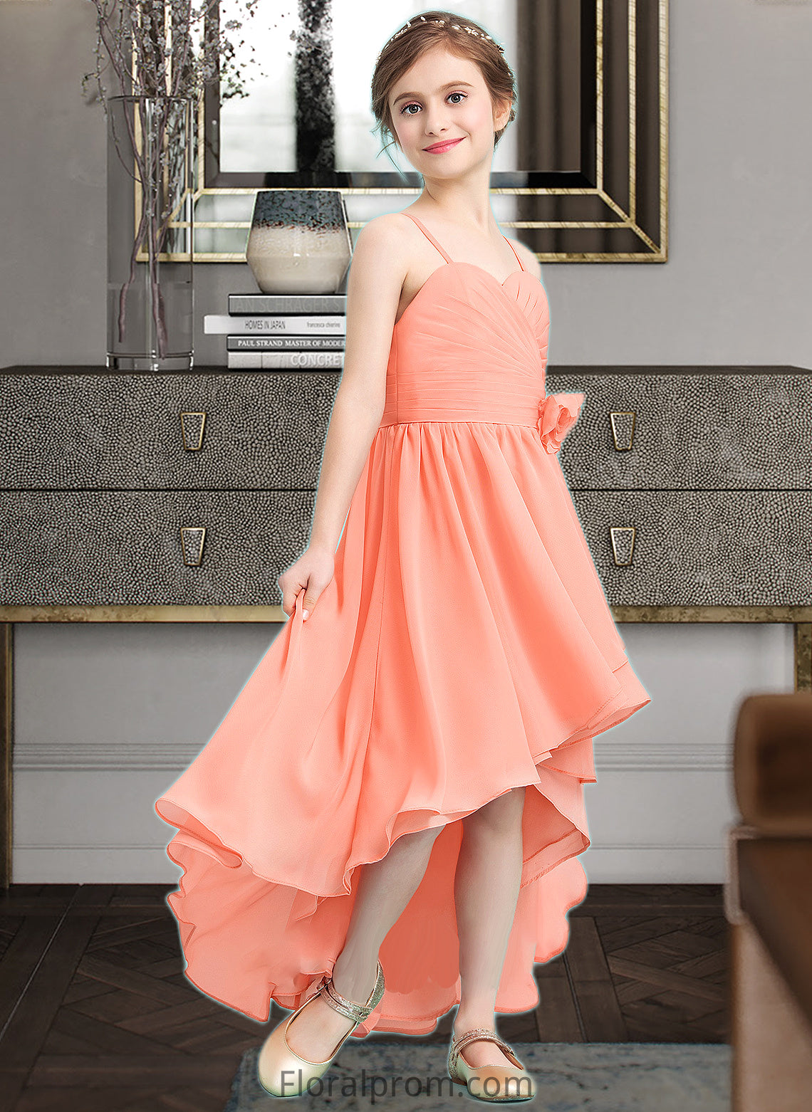 Val A-Line Sweetheart Asymmetrical Chiffon Junior Bridesmaid Dress With Ruffle Flower(s) HJP0013587