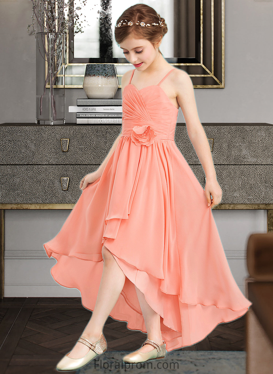 Val A-Line Sweetheart Asymmetrical Chiffon Junior Bridesmaid Dress With Ruffle Flower(s) HJP0013587