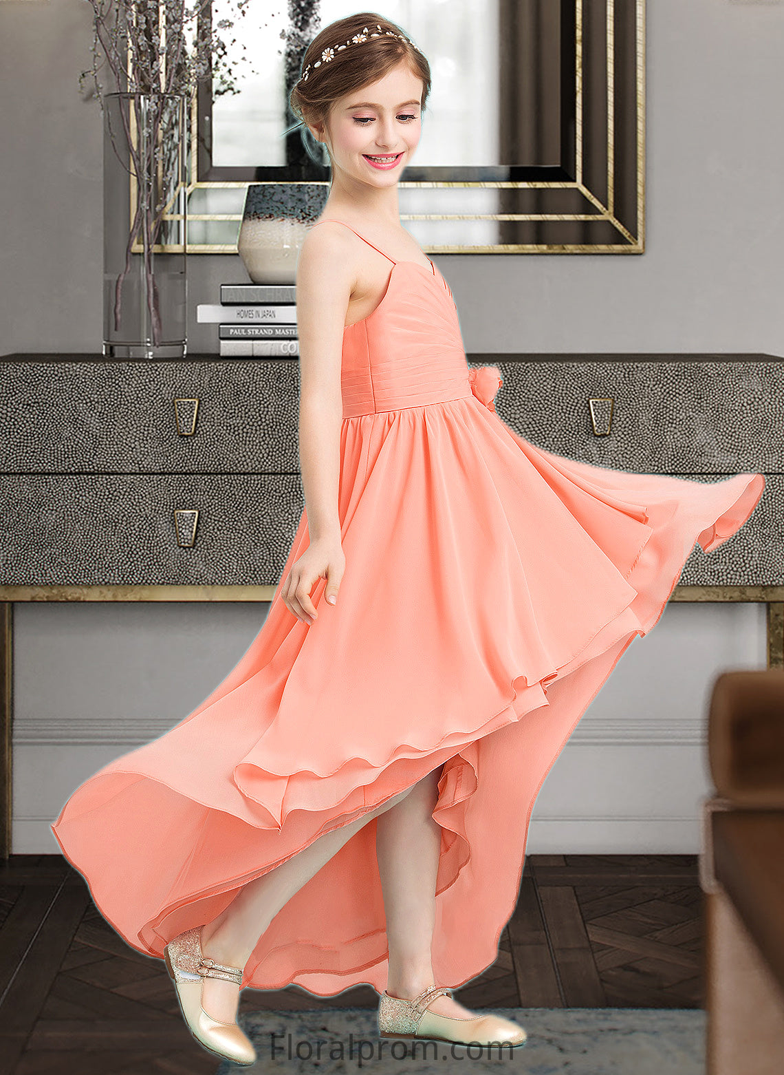 Val A-Line Sweetheart Asymmetrical Chiffon Junior Bridesmaid Dress With Ruffle Flower(s) HJP0013587