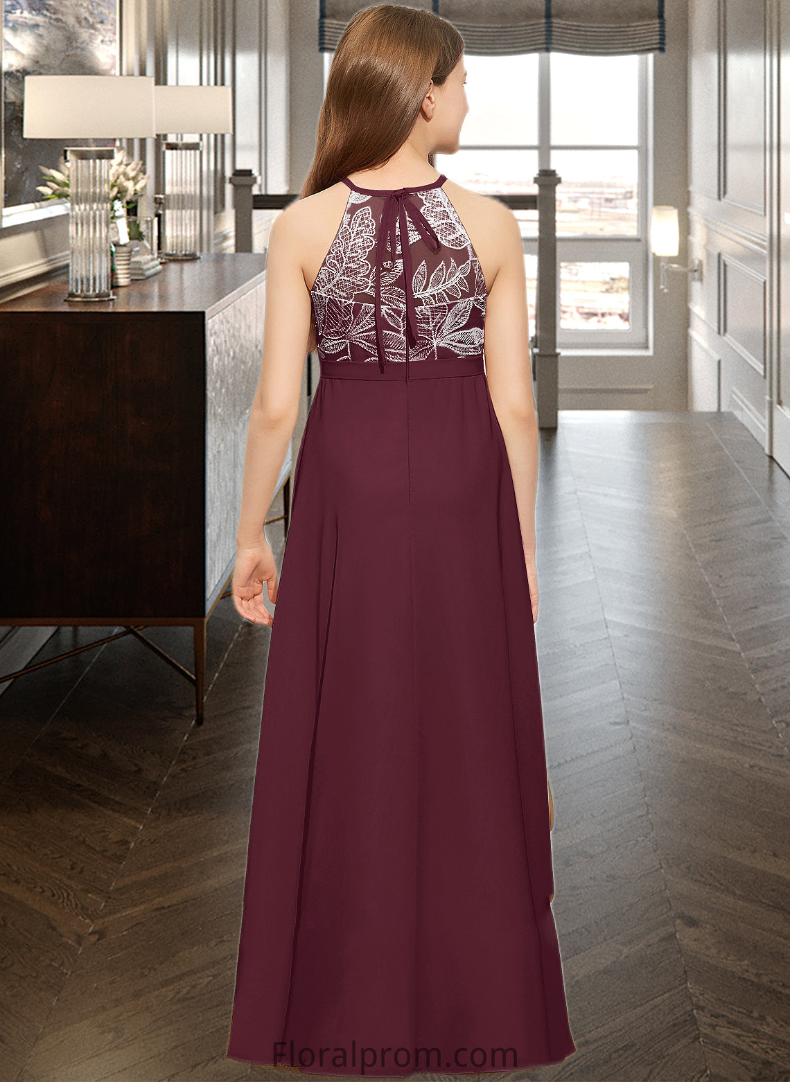 Una A-Line Scoop Neck Floor-Length Chiffon Lace Junior Bridesmaid Dress With Bow(s) HJP0013637