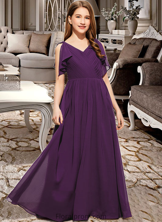 Winifred A-Line V-neck Floor-Length Chiffon Junior Bridesmaid Dress With Bow(s) Cascading Ruffles HJP0013639