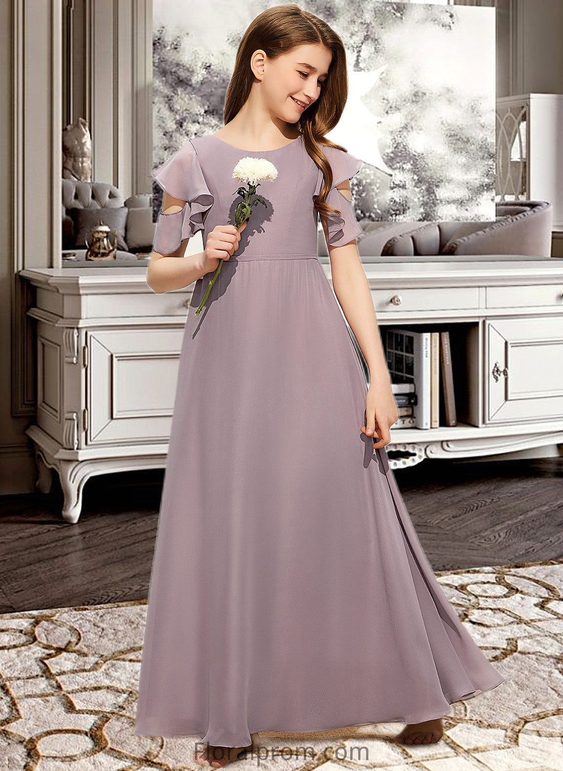 Louisa A-Line Scoop Neck Floor-Length Chiffon Junior Bridesmaid Dress With Cascading Ruffles HJP0013649