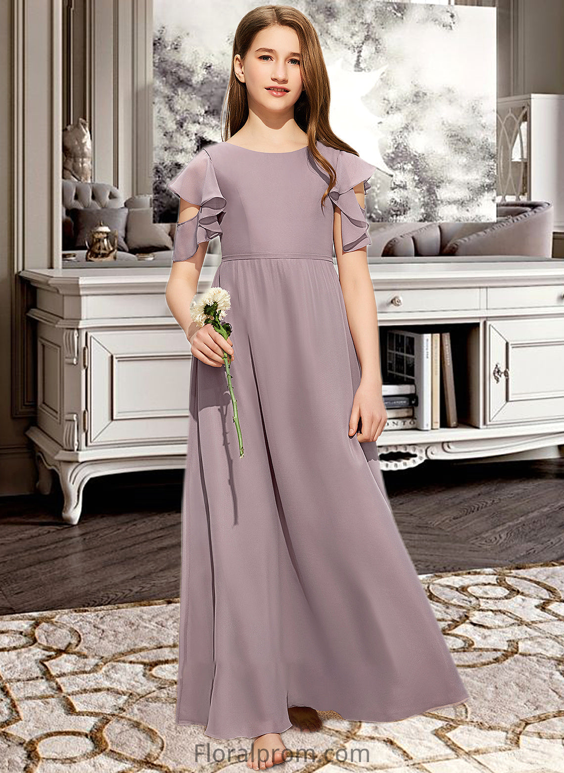 Louisa A-Line Scoop Neck Floor-Length Chiffon Junior Bridesmaid Dress With Cascading Ruffles HJP0013649