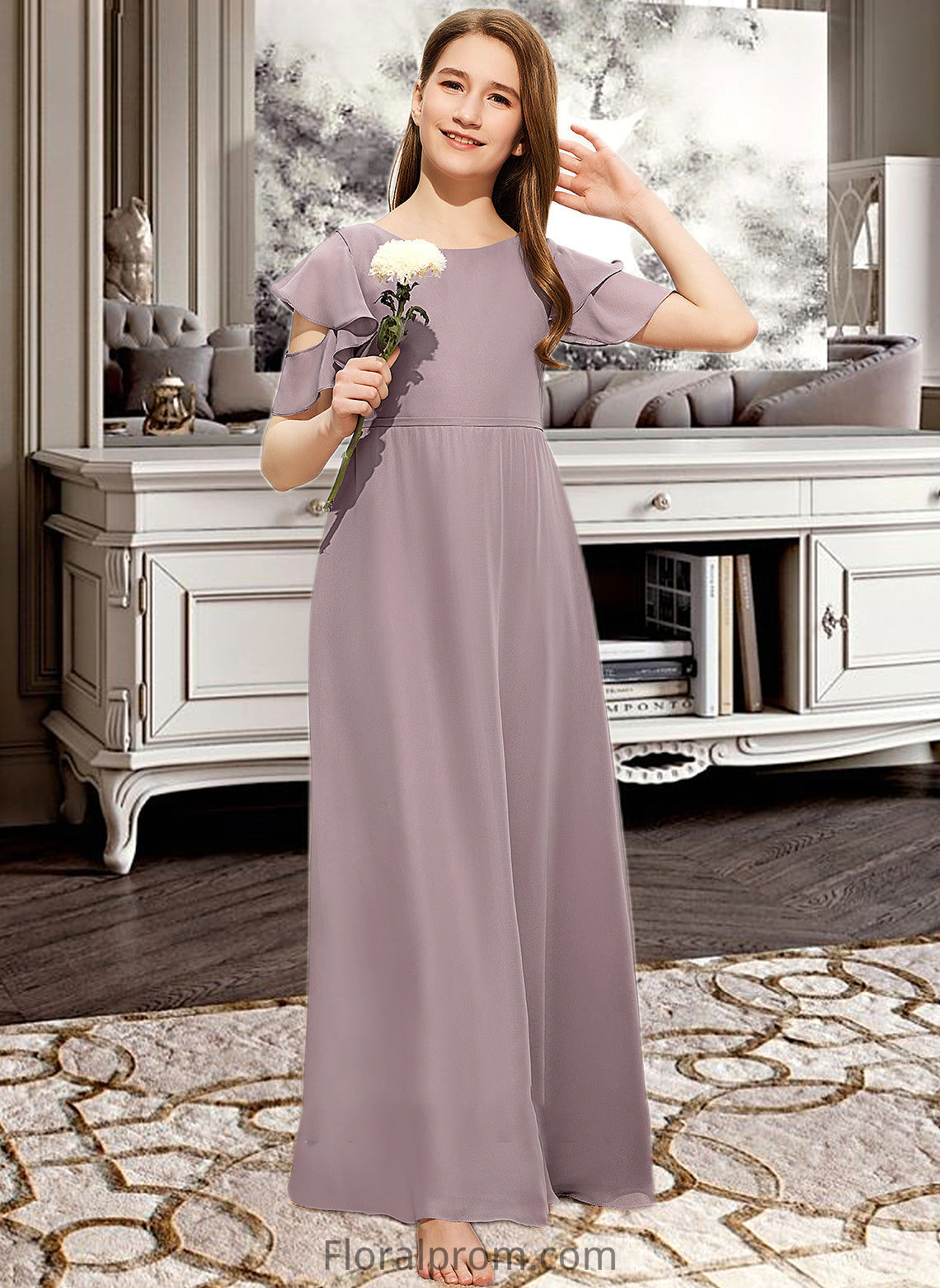 Louisa A-Line Scoop Neck Floor-Length Chiffon Junior Bridesmaid Dress With Cascading Ruffles HJP0013649