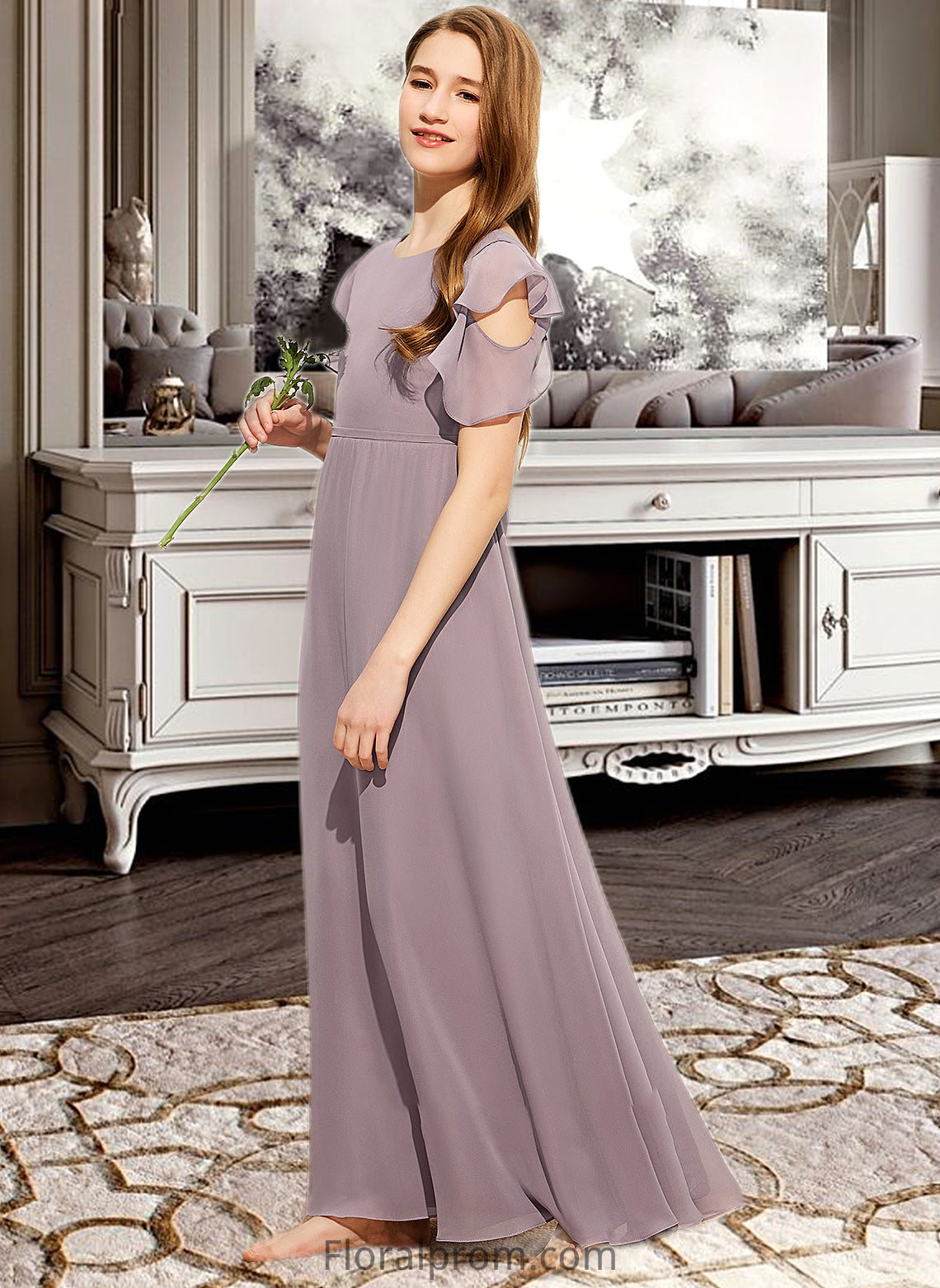 Louisa A-Line Scoop Neck Floor-Length Chiffon Junior Bridesmaid Dress With Cascading Ruffles HJP0013649