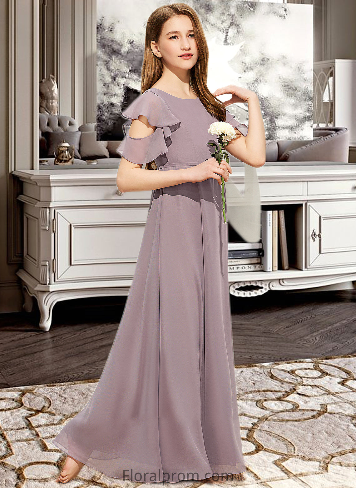 Louisa A-Line Scoop Neck Floor-Length Chiffon Junior Bridesmaid Dress With Cascading Ruffles HJP0013649