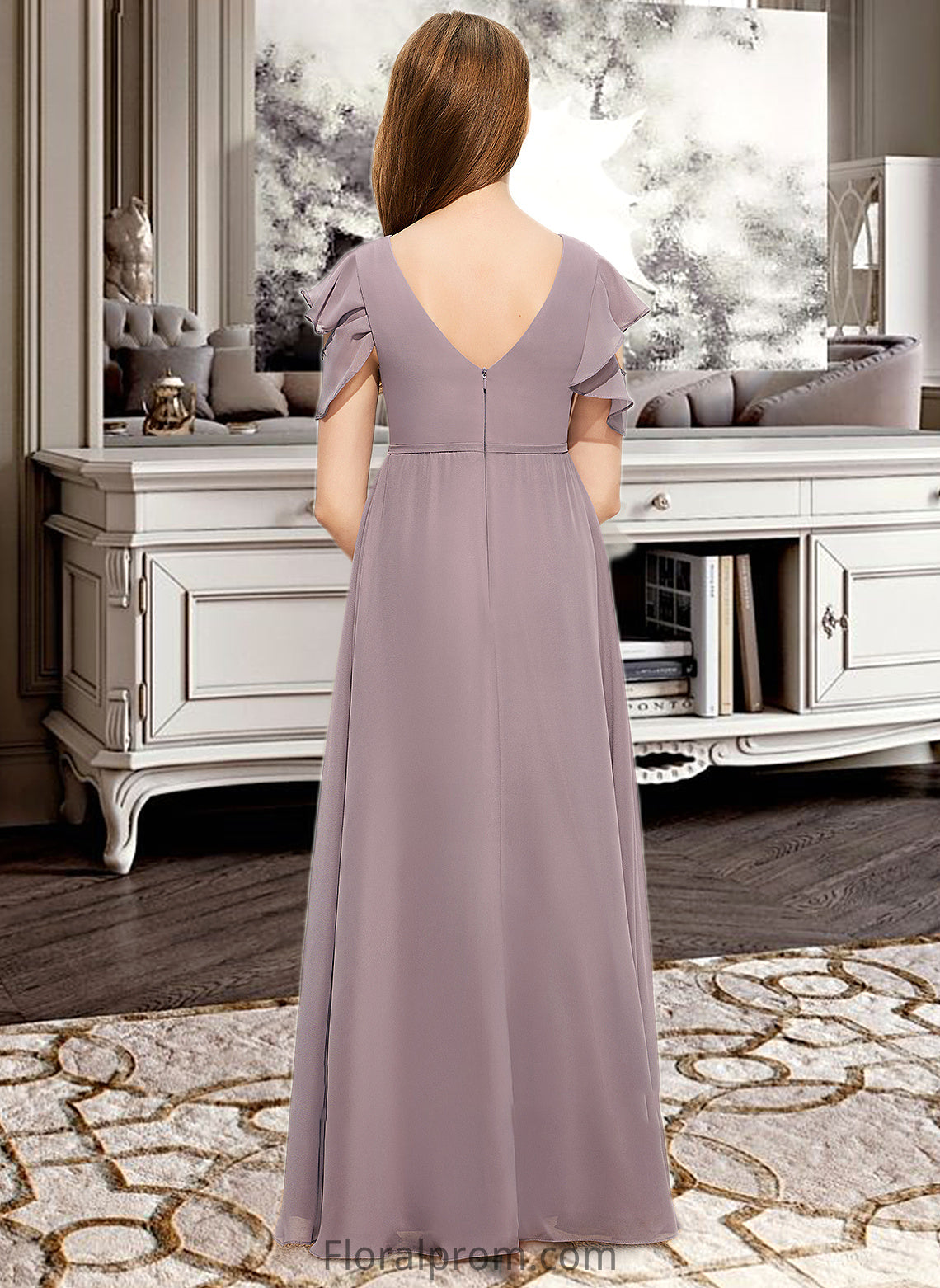 Louisa A-Line Scoop Neck Floor-Length Chiffon Junior Bridesmaid Dress With Cascading Ruffles HJP0013649