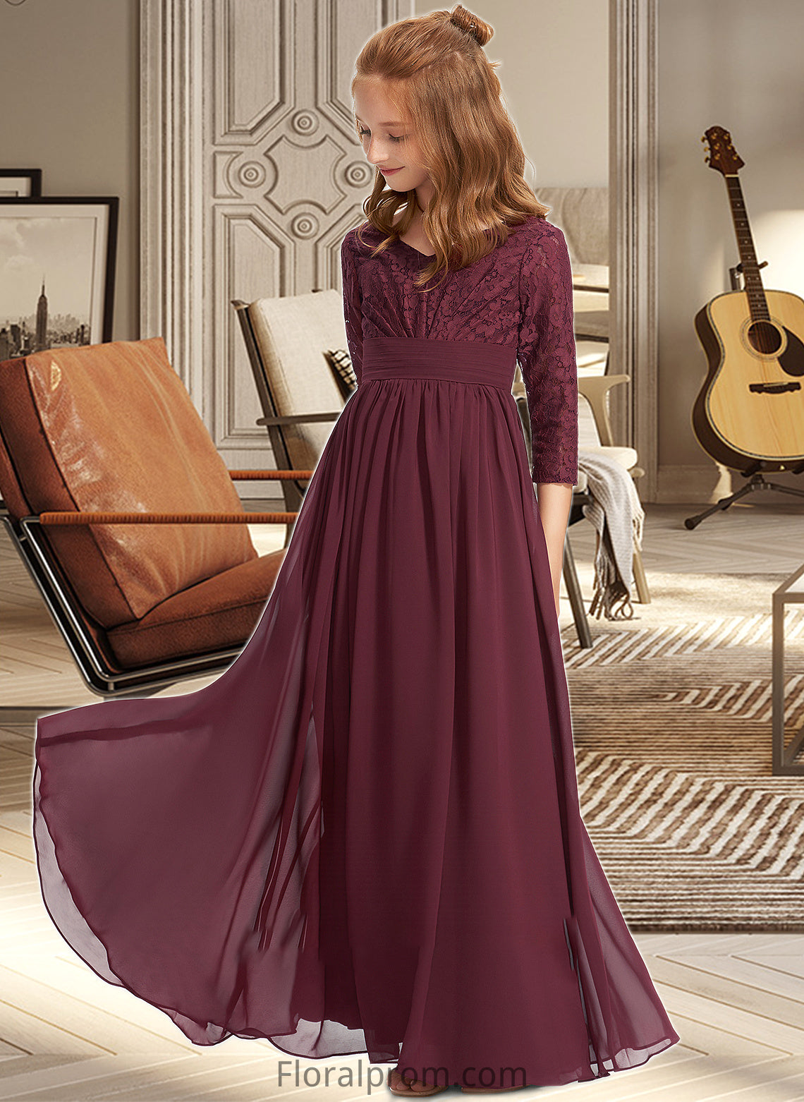 Maisie A-Line V-neck Floor-Length Chiffon Lace Junior Bridesmaid Dress HJP0013652