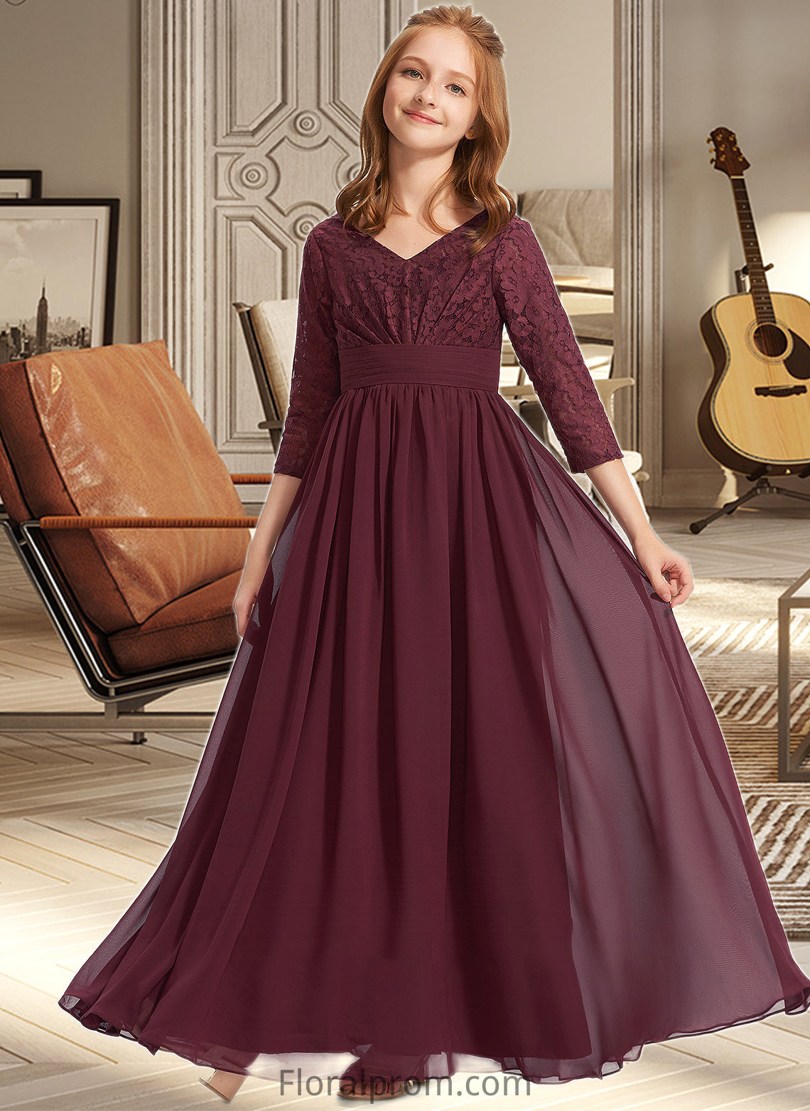 Maisie A-Line V-neck Floor-Length Chiffon Lace Junior Bridesmaid Dress HJP0013652