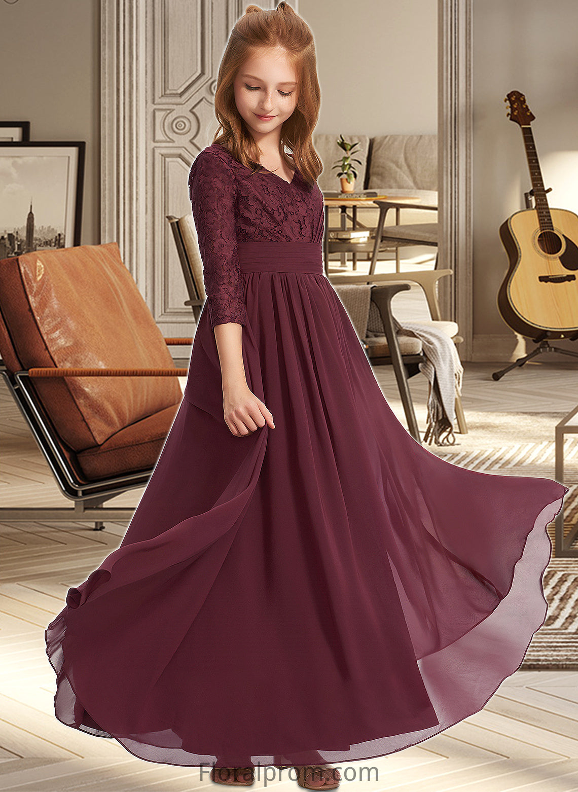 Maisie A-Line V-neck Floor-Length Chiffon Lace Junior Bridesmaid Dress HJP0013652