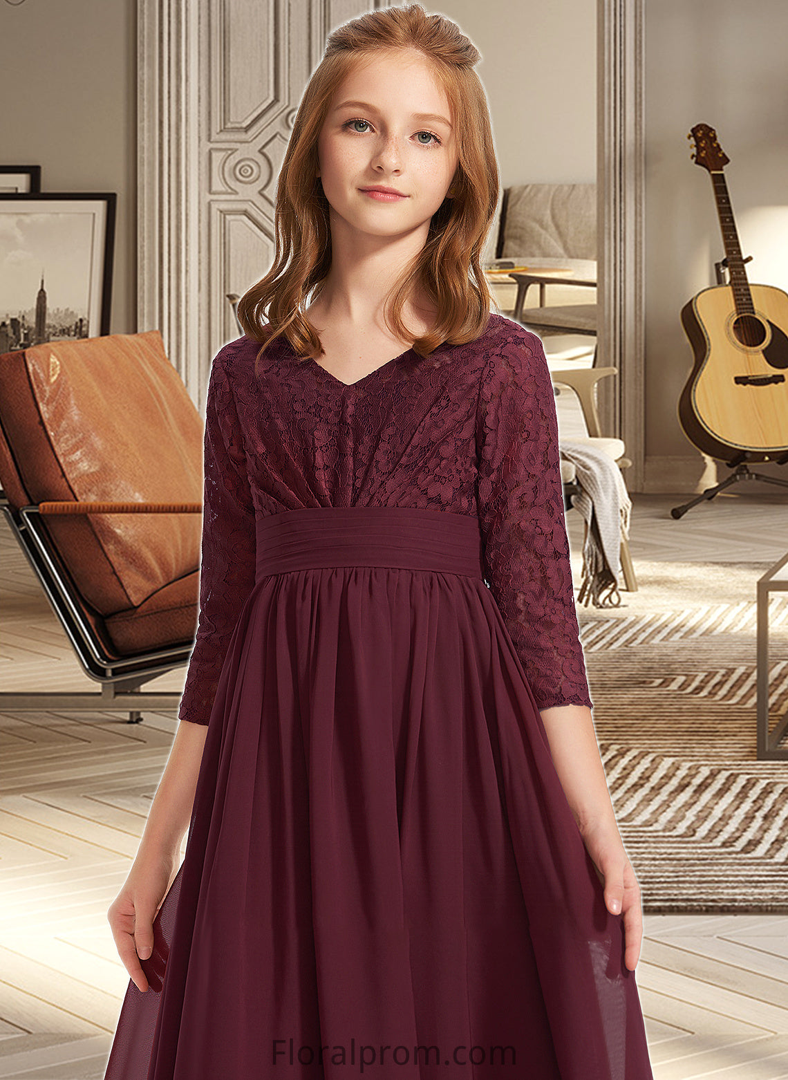 Maisie A-Line V-neck Floor-Length Chiffon Lace Junior Bridesmaid Dress HJP0013652