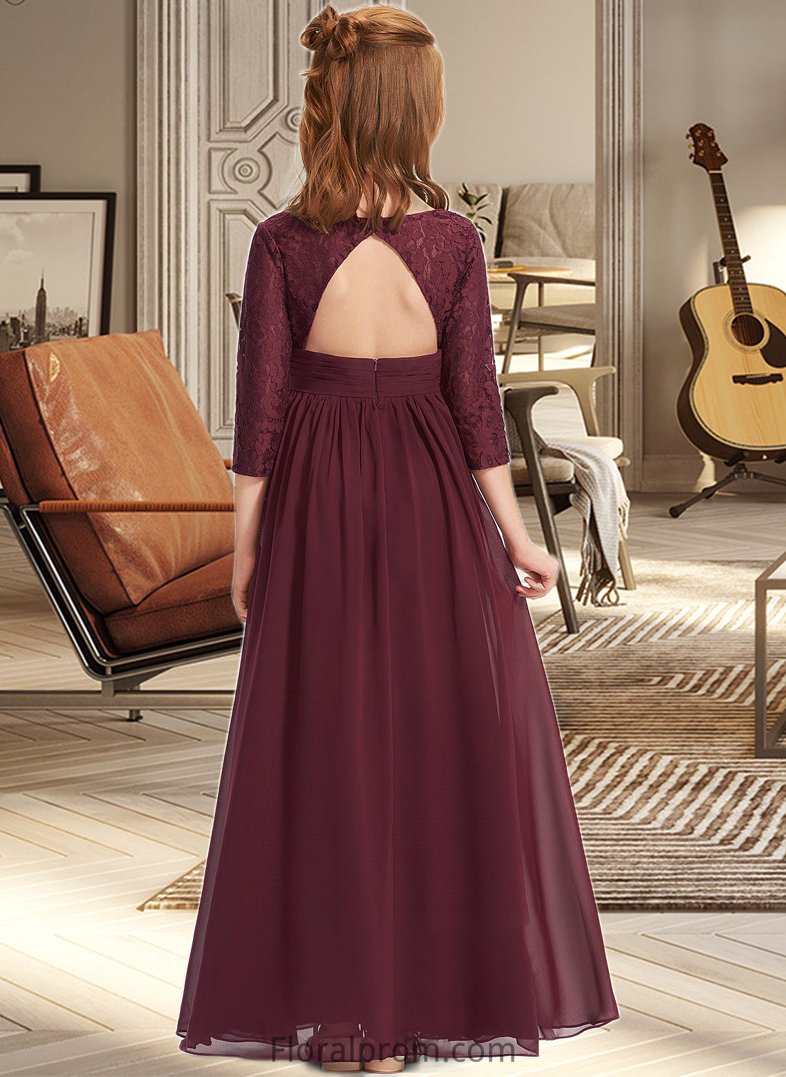 Maisie A-Line V-neck Floor-Length Chiffon Lace Junior Bridesmaid Dress HJP0013652