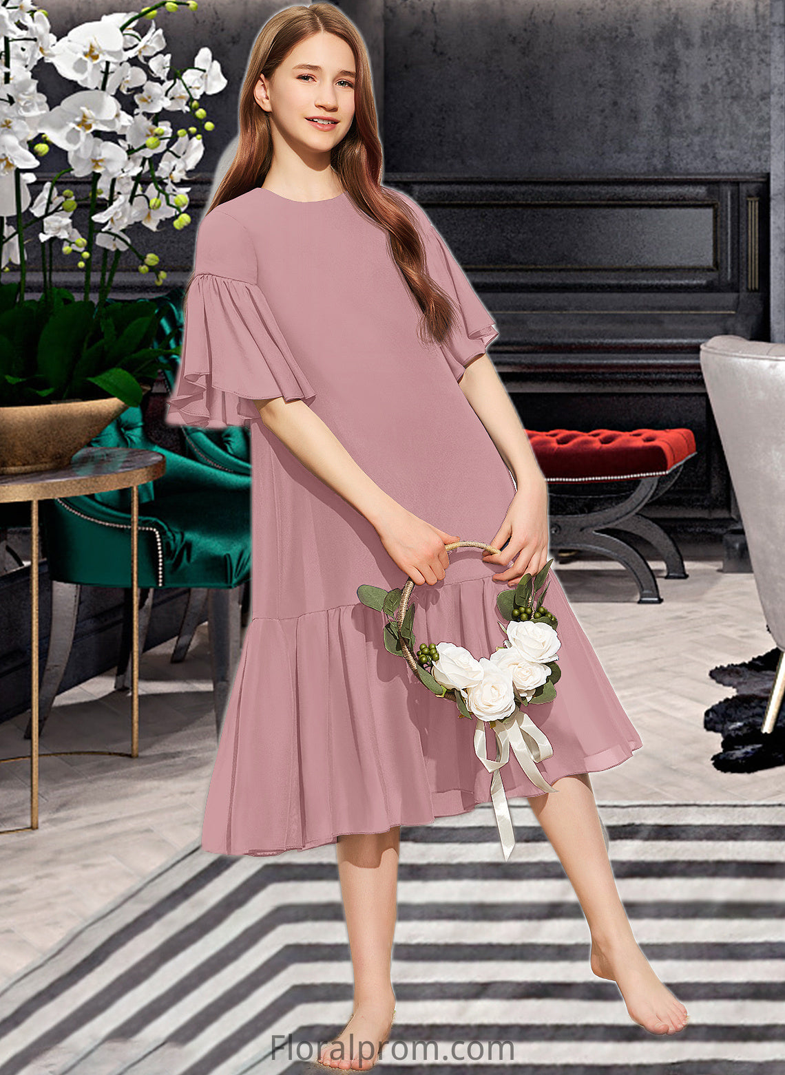 Alaina A-Line Scoop Neck Knee-Length Chiffon Junior Bridesmaid Dress With Cascading Ruffles HJP0013656