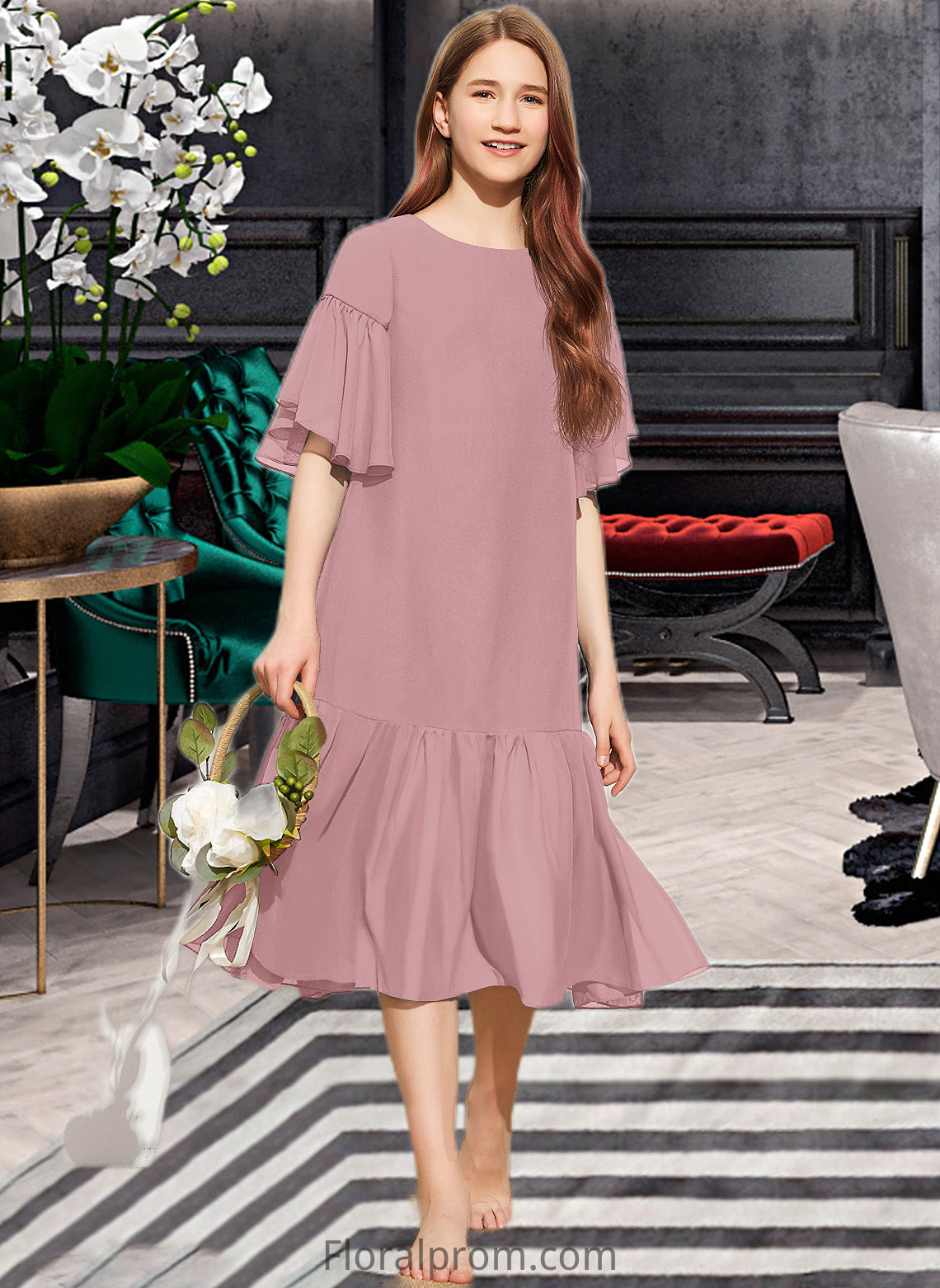 Alaina A-Line Scoop Neck Knee-Length Chiffon Junior Bridesmaid Dress With Cascading Ruffles HJP0013656