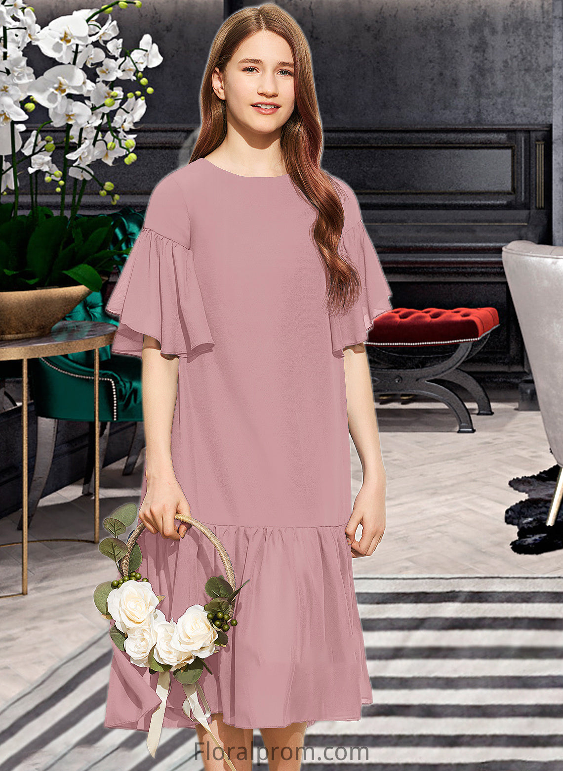 Alaina A-Line Scoop Neck Knee-Length Chiffon Junior Bridesmaid Dress With Cascading Ruffles HJP0013656