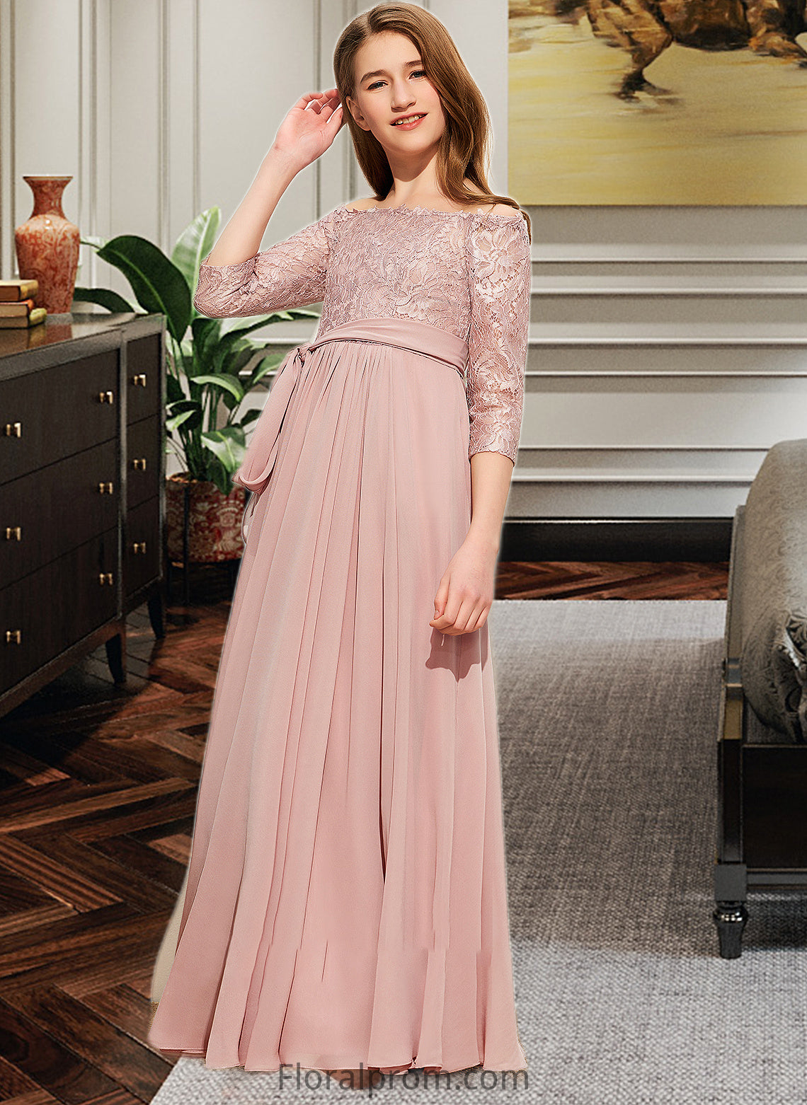 Patience A-Line Off-the-Shoulder Floor-Length Chiffon Lace Junior Bridesmaid Dress With Bow(s) HJP0013658