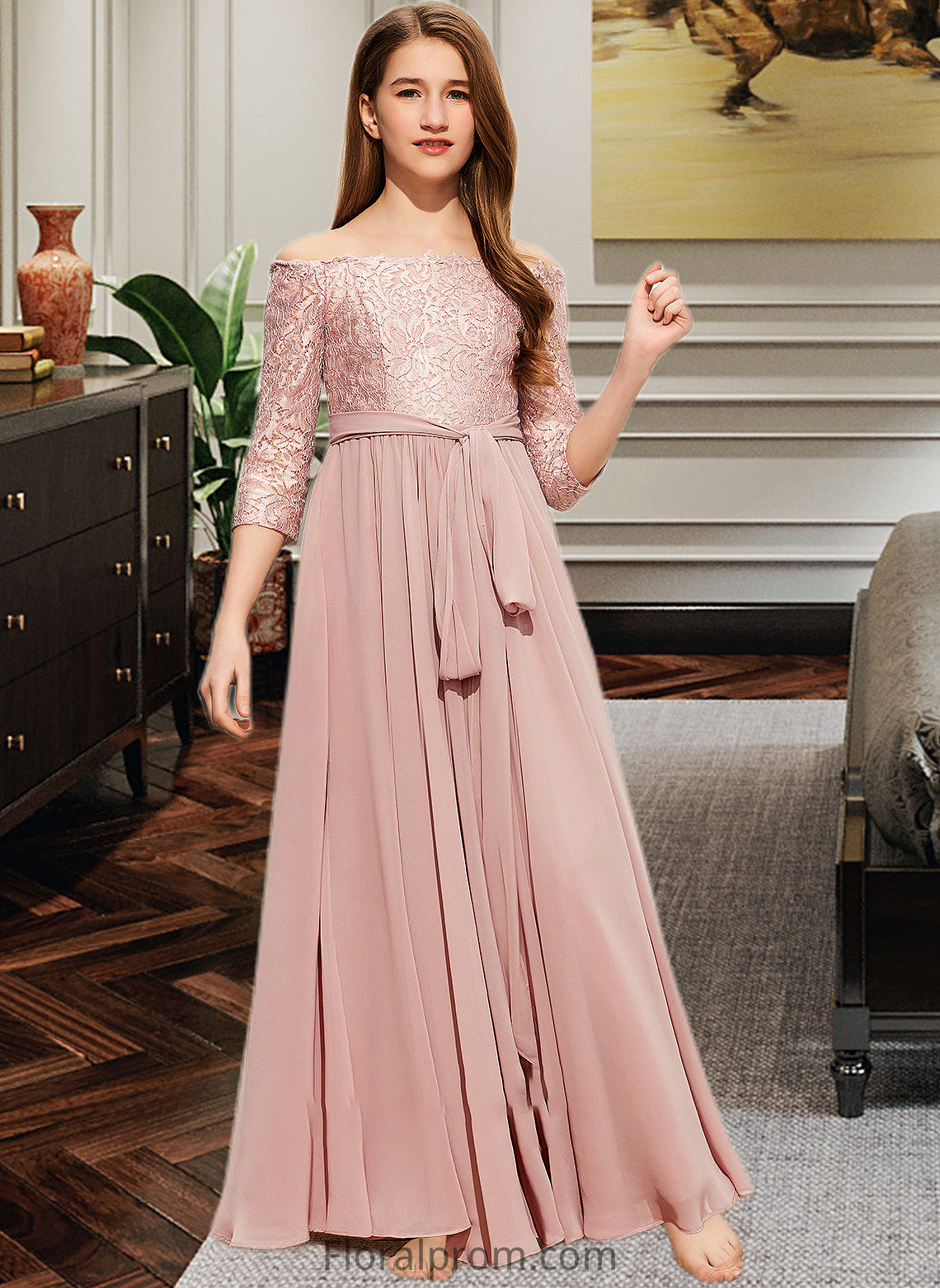 Patience A-Line Off-the-Shoulder Floor-Length Chiffon Lace Junior Bridesmaid Dress With Bow(s) HJP0013658