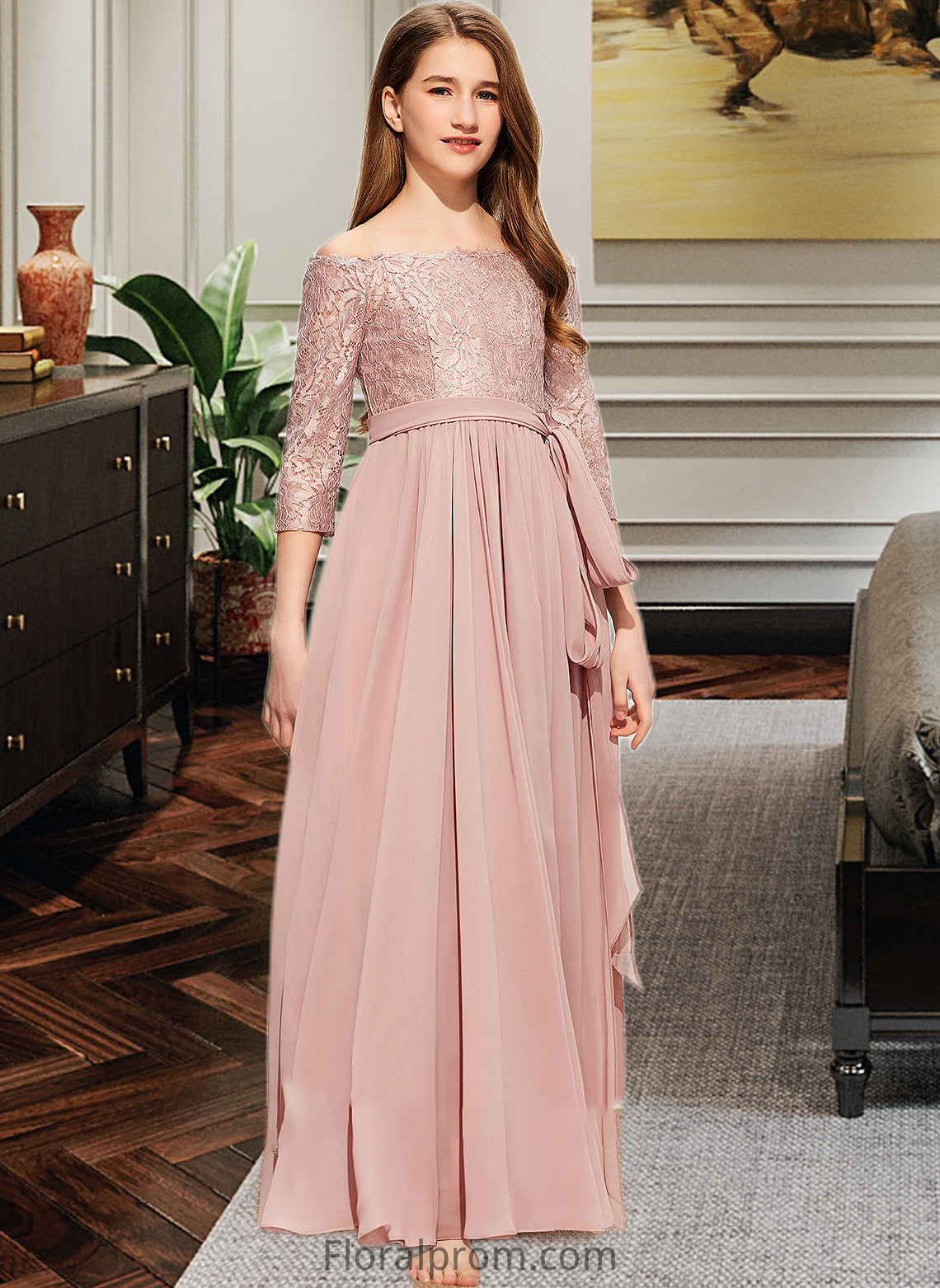 Patience A-Line Off-the-Shoulder Floor-Length Chiffon Lace Junior Bridesmaid Dress With Bow(s) HJP0013658