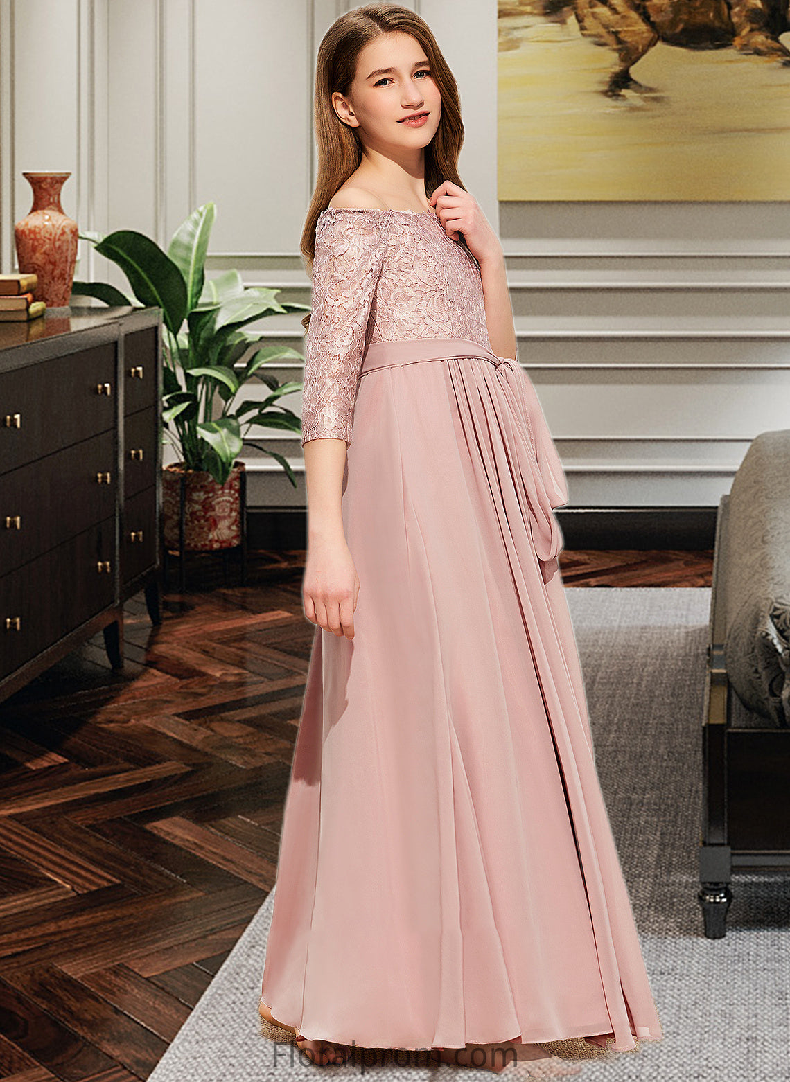 Patience A-Line Off-the-Shoulder Floor-Length Chiffon Lace Junior Bridesmaid Dress With Bow(s) HJP0013658