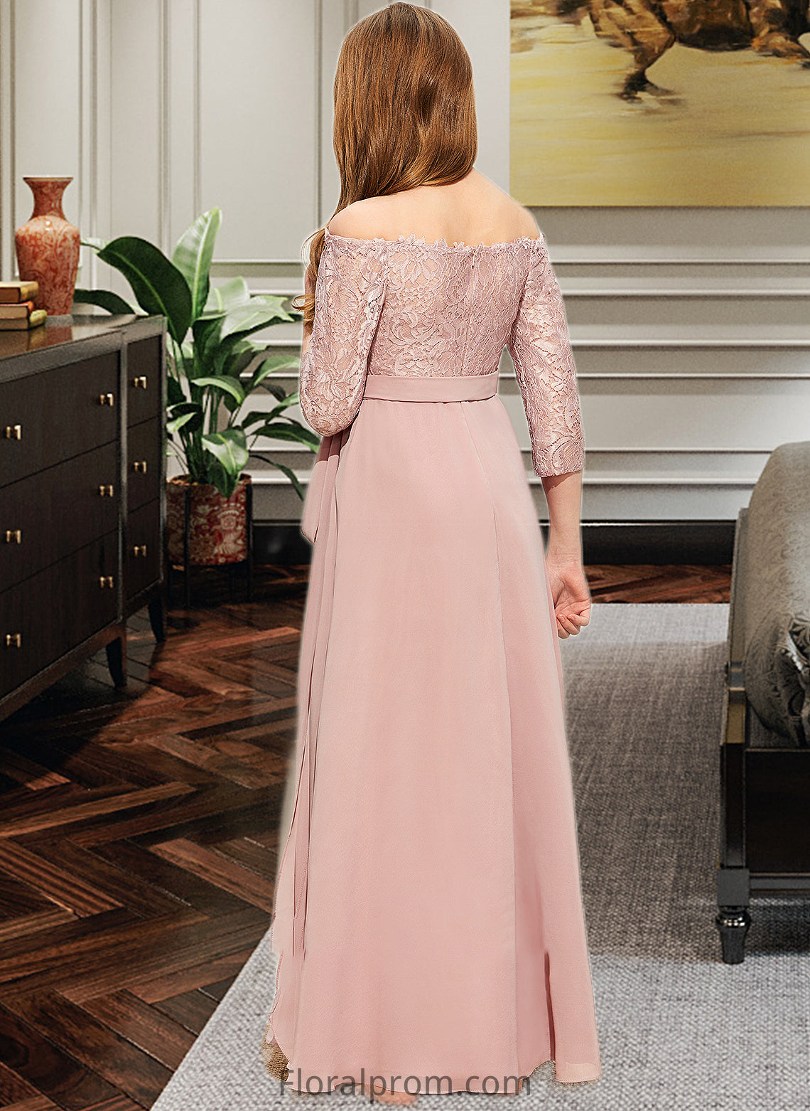 Patience A-Line Off-the-Shoulder Floor-Length Chiffon Lace Junior Bridesmaid Dress With Bow(s) HJP0013658