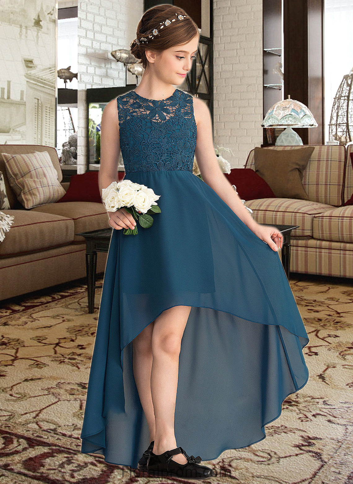 Lisa A-Line Scoop Neck Asymmetrical Chiffon Lace Junior Bridesmaid Dress HJP0013661