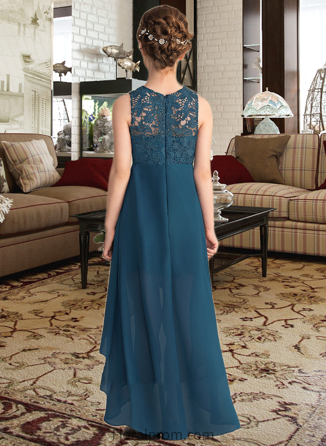 Lisa A-Line Scoop Neck Asymmetrical Chiffon Lace Junior Bridesmaid Dress HJP0013661