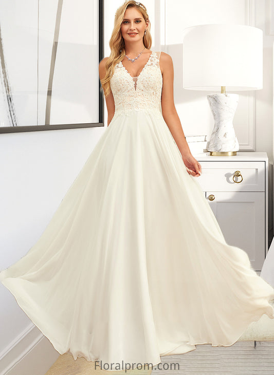 Marcie A-Line V-neck Sweep Train Chiffon Lace Wedding Dress With Lace HJP0013677