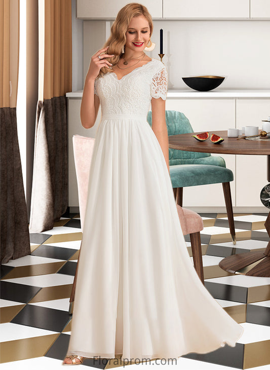 Jaycee A-Line V-neck Floor-Length Chiffon Lace Wedding Dress HJP0013678