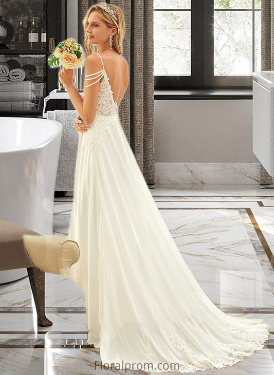 Jess A-Line V-neck Sweep Train Chiffon Lace Wedding Dress With Beading Sequins HJP0013681