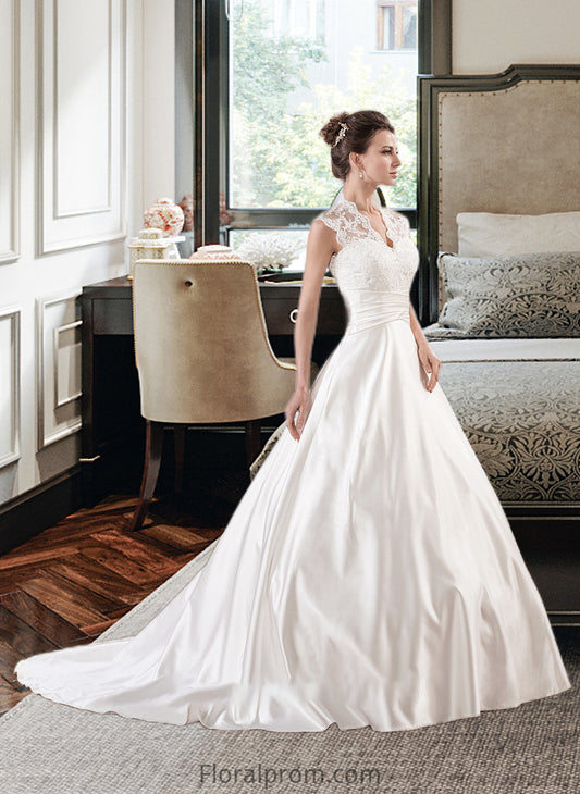 Isabel Ball-Gown/Princess V-neck Court Train Satin Lace Wedding Dress With Ruffle HJP0013688