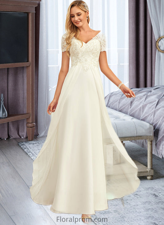 Janice A-Line V-neck Floor-Length Chiffon Lace Wedding Dress With Lace HJP0013691