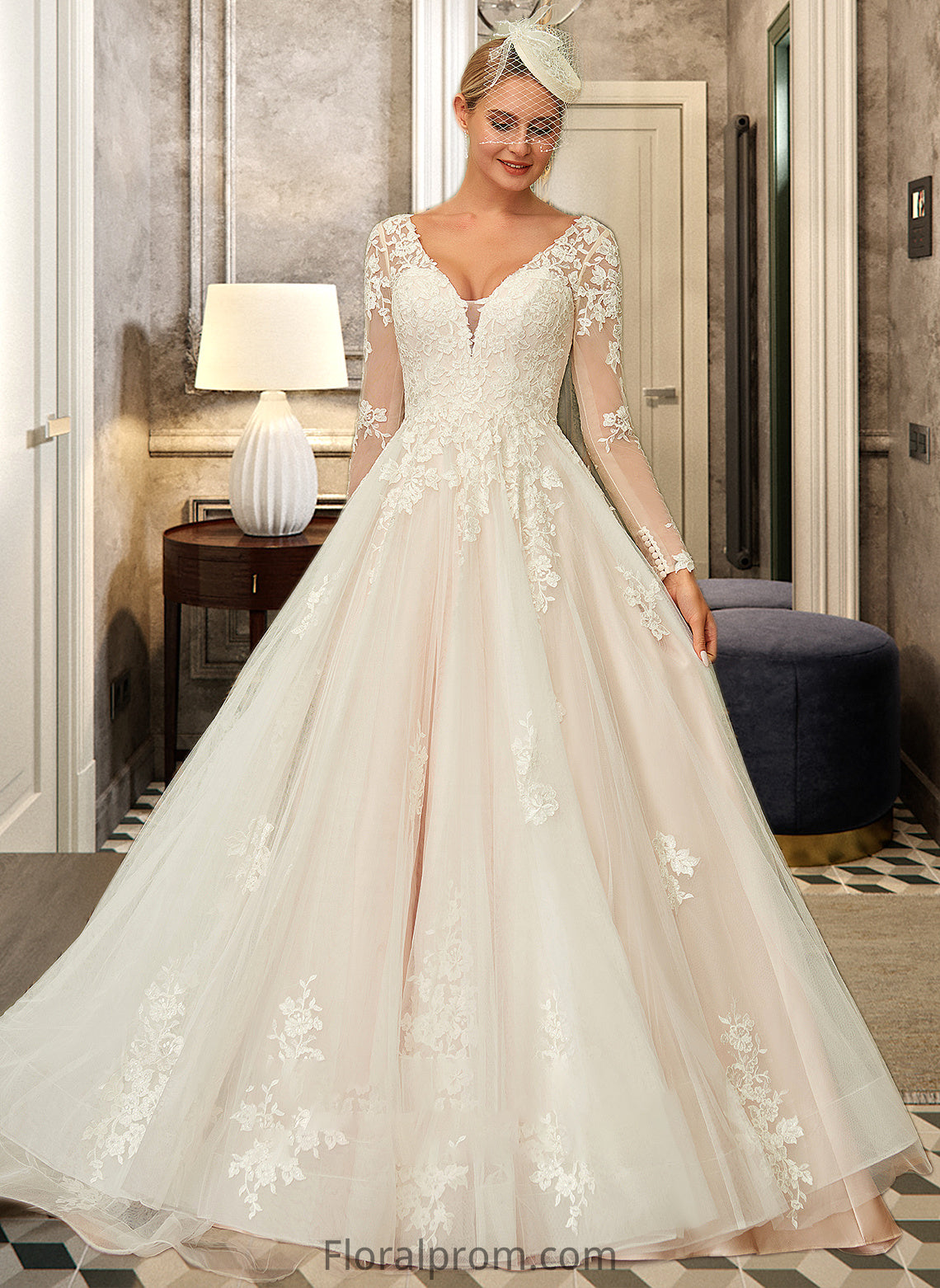 Kiera Ball-Gown/Princess V-neck Sweep Train Tulle Lace Wedding Dress HJP0013698