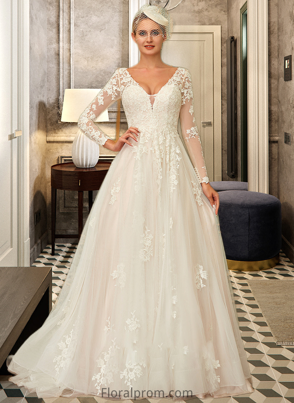 Kiera Ball-Gown/Princess V-neck Sweep Train Tulle Lace Wedding Dress HJP0013698