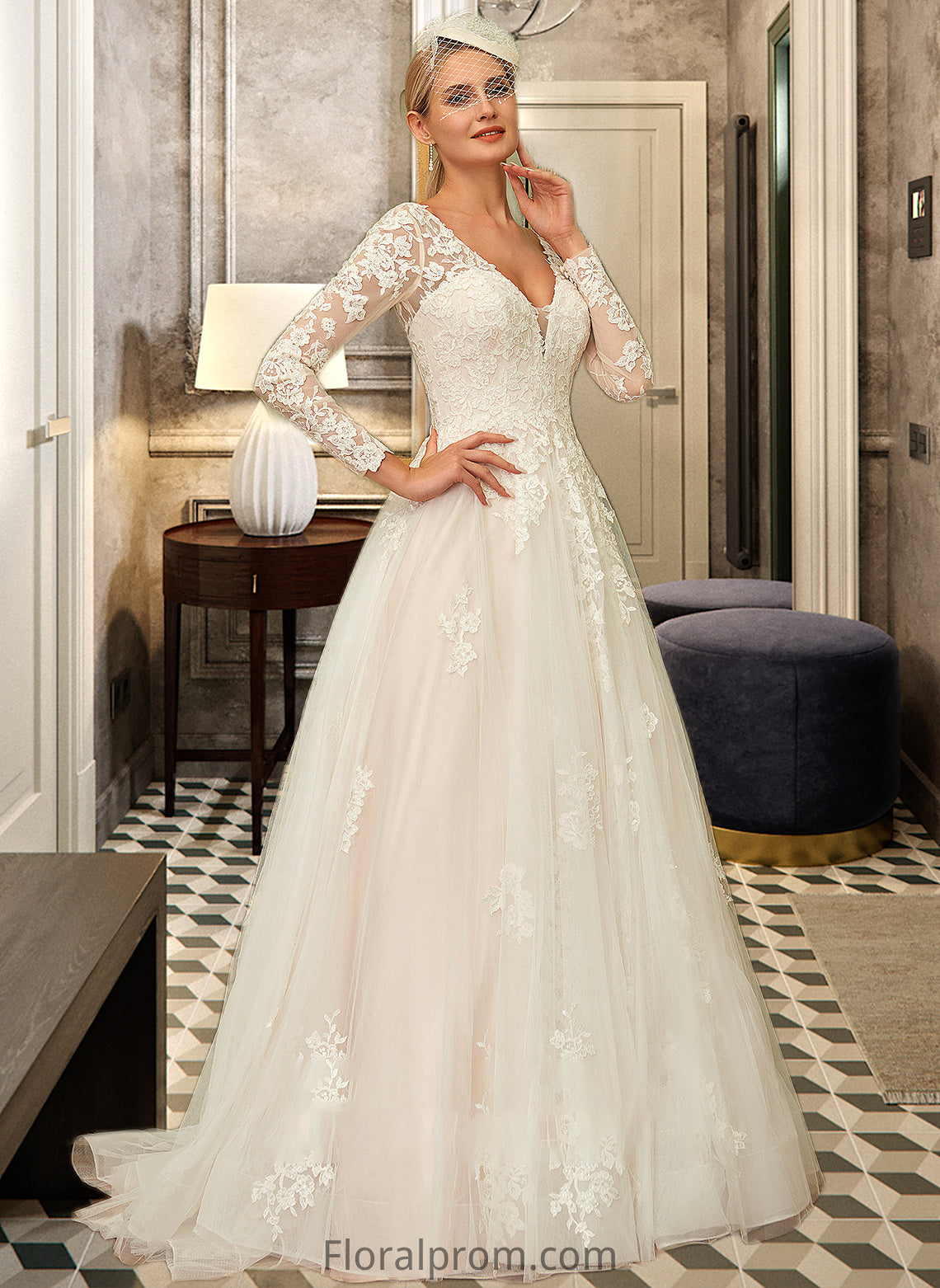 Kiera Ball-Gown/Princess V-neck Sweep Train Tulle Lace Wedding Dress HJP0013698