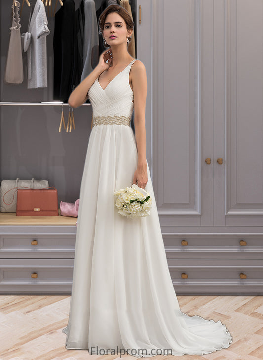 Jayden A-Line V-neck Sweep Train Chiffon Wedding Dress With Ruffle Lace Beading Sequins HJP0013705